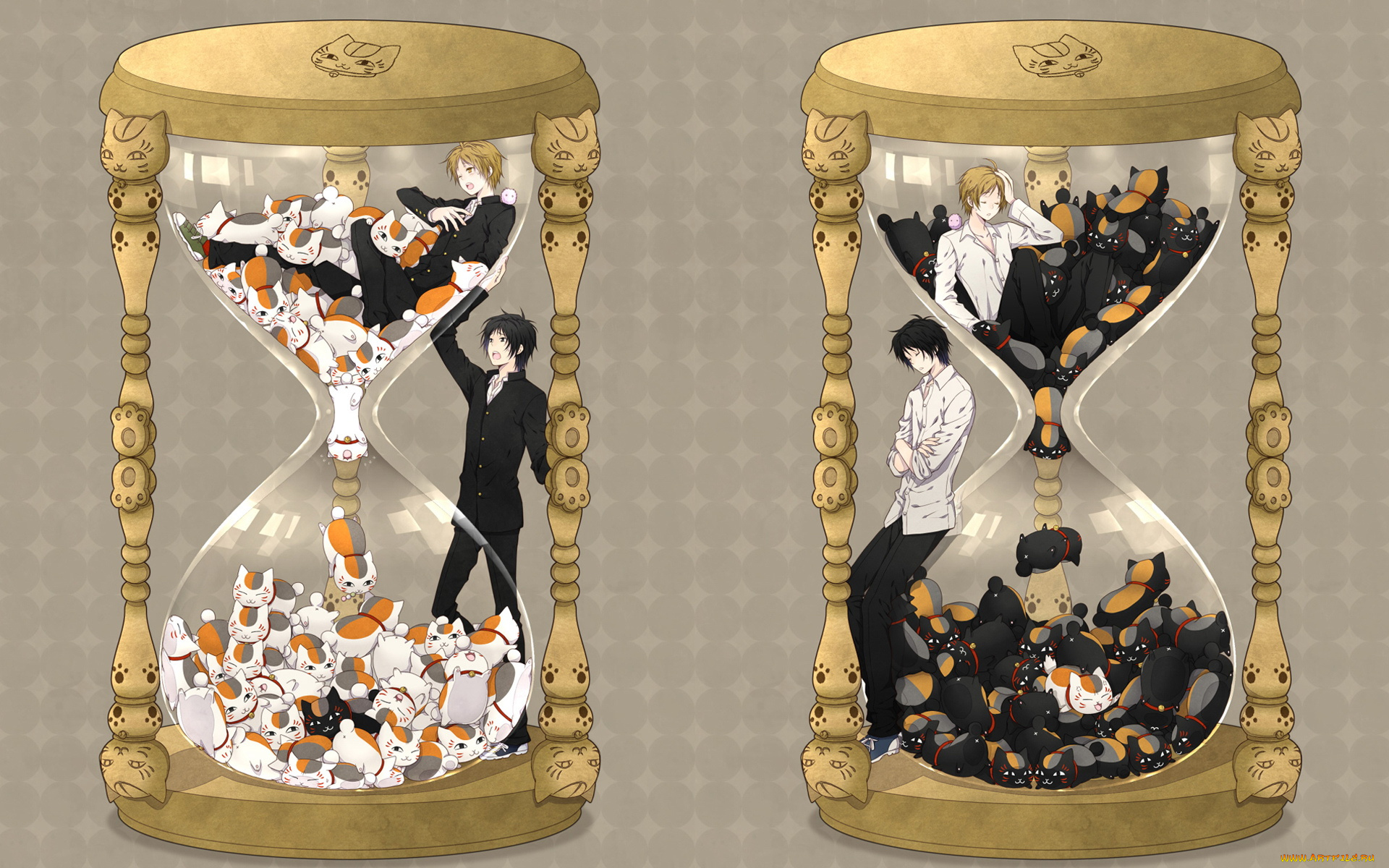 аниме, natsume, yuujinchou, мальчики, кошки, колбы