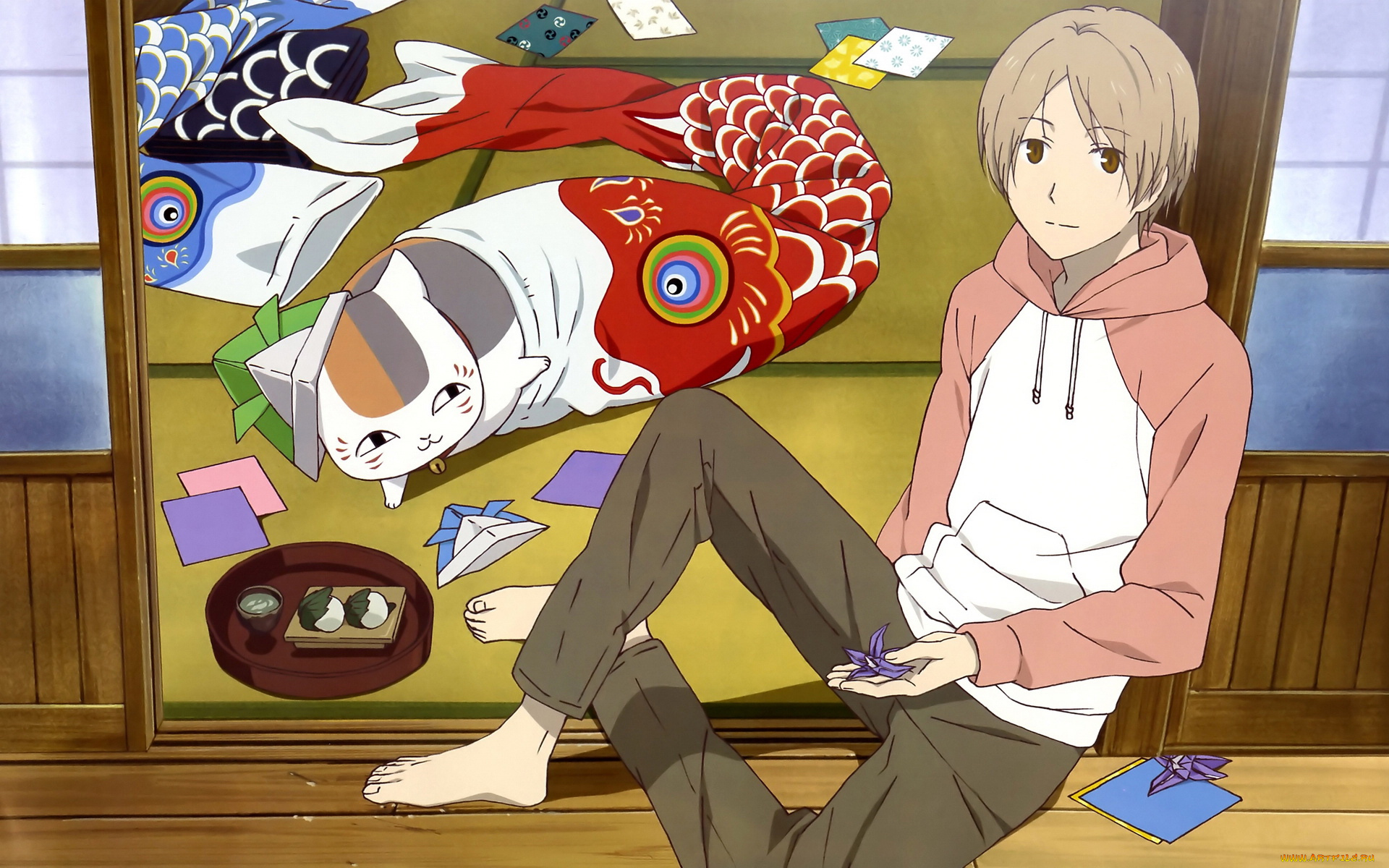 аниме, natsume, yuujinchou, взгляд, кошка, мальчик