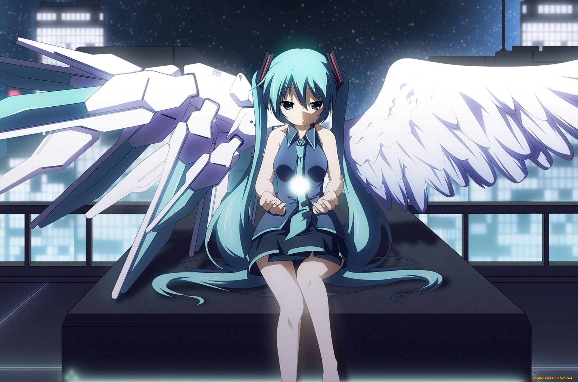 vocaloid, аниме, небо, вокалоид, крылья, девушка, форма, школьница, ангел, hatsune, miku, ночь, арт, yuzuki, kei, звезды, город