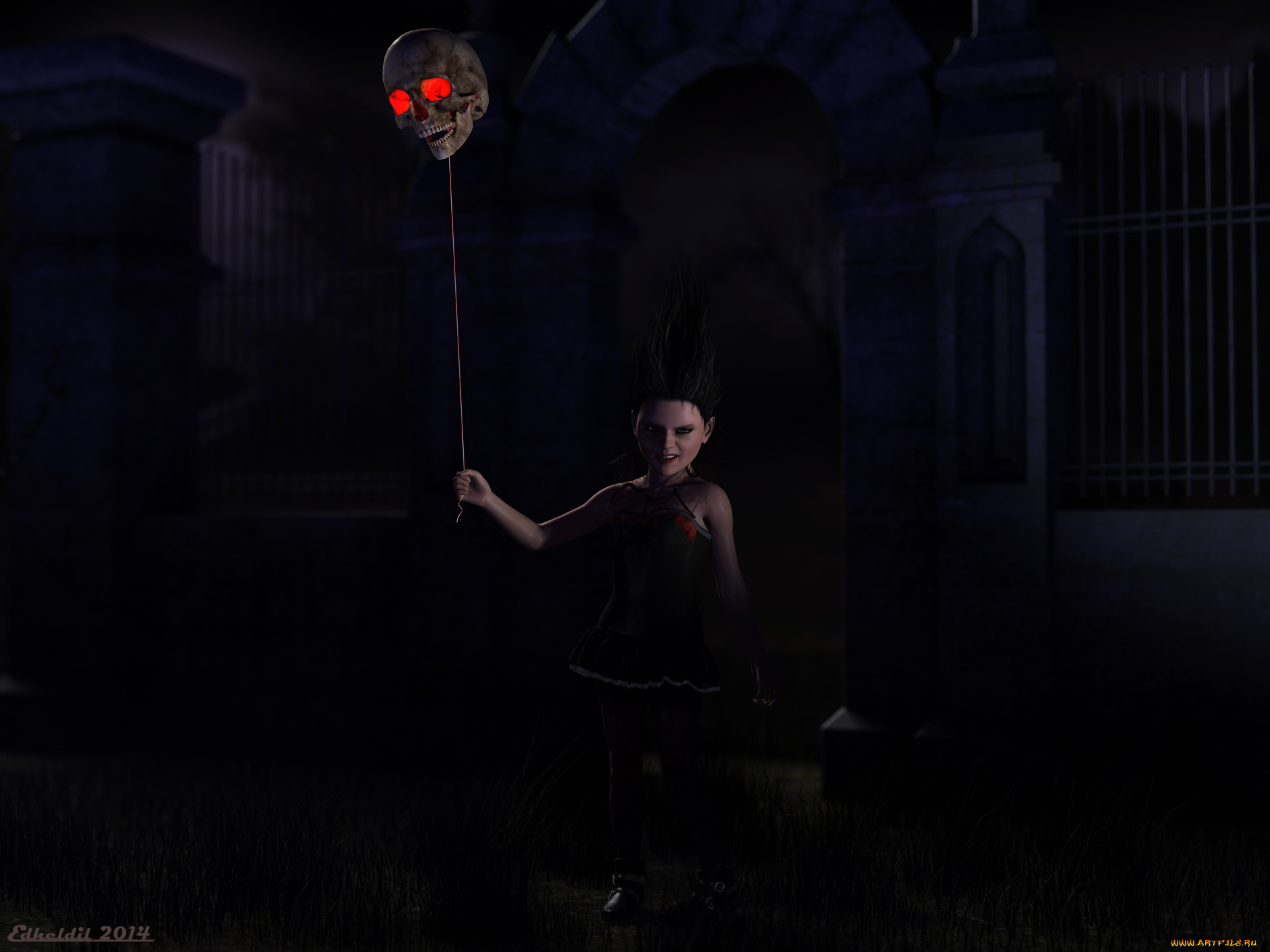 3д, графика, horror, , ужас, череп, девушка