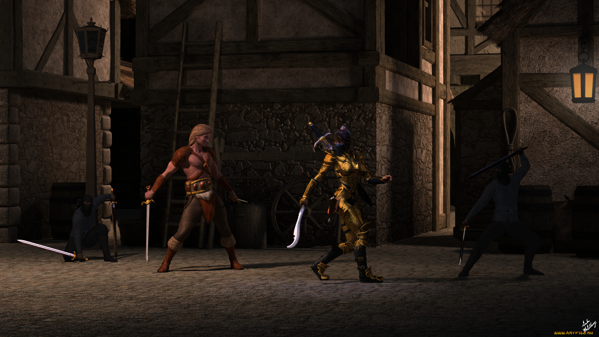 3д, графика, fantasy, , фантазия, существа, воин, улица, мечи, драка