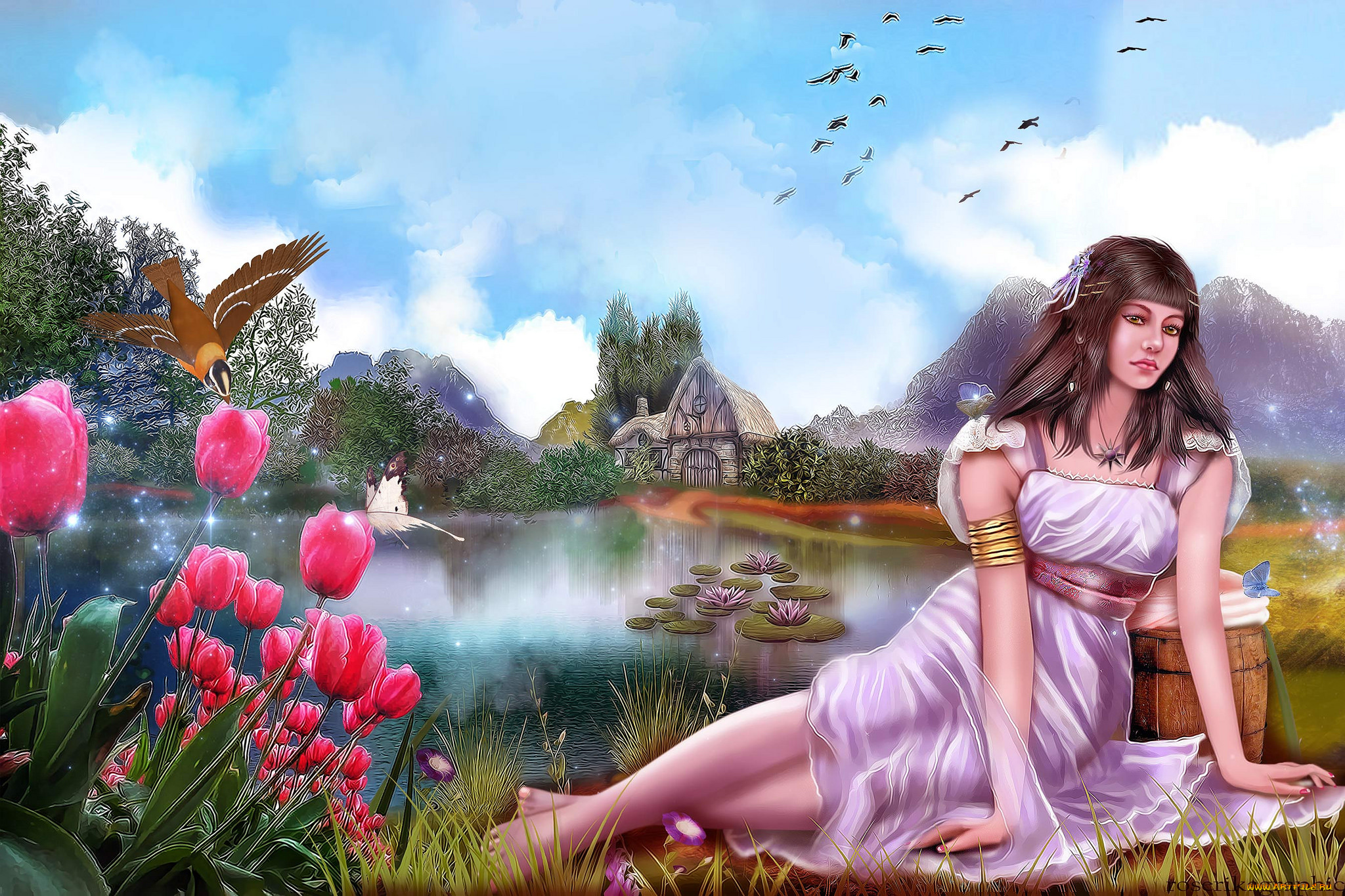 фэнтези, девушки, цветы, дом, озеро, девушка