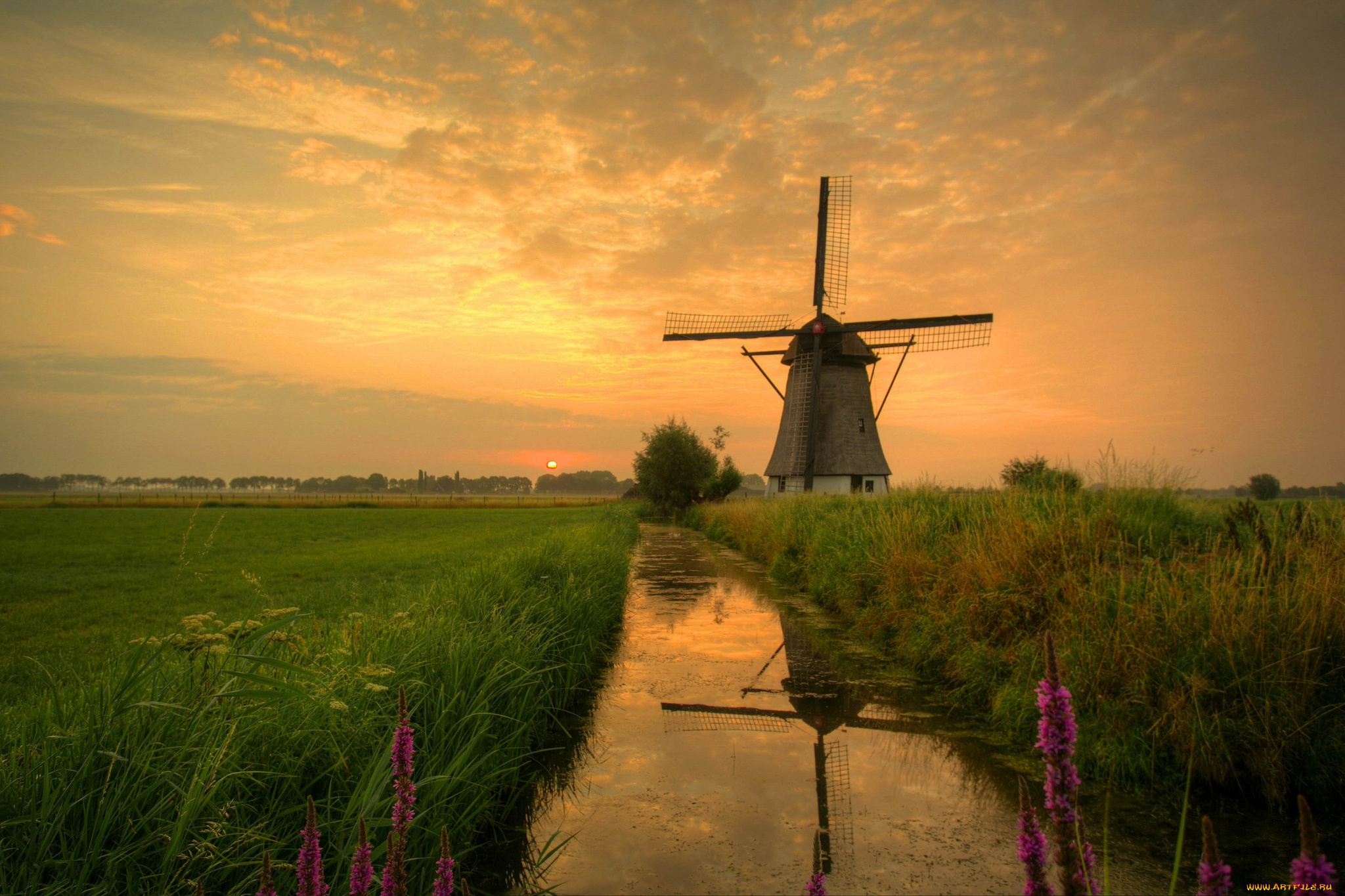 разное, мельницы, поле, зарево, ветряк, трава, тучи, канал