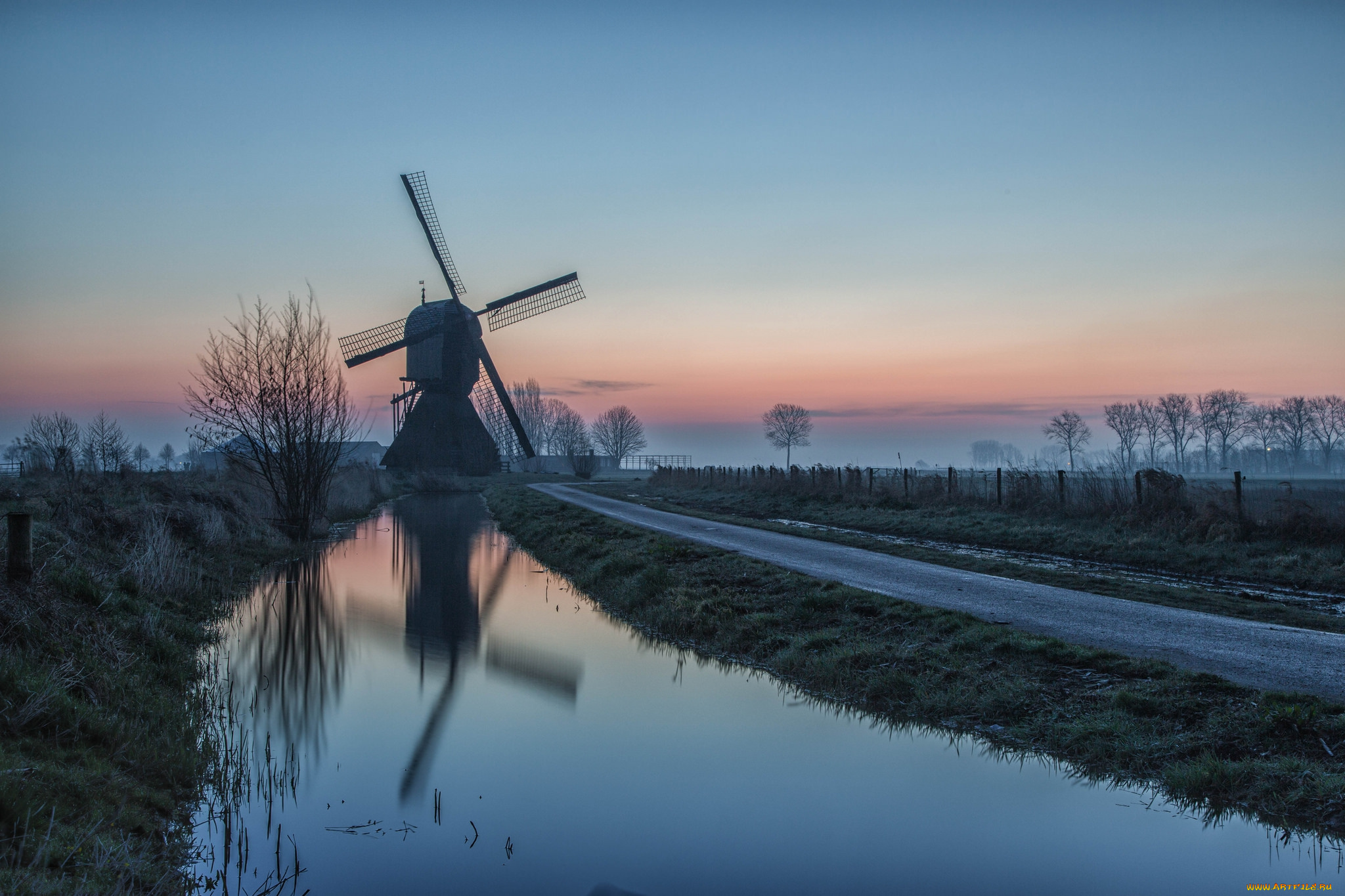 разное, мельницы, туман, дорога, река, утро, мельница