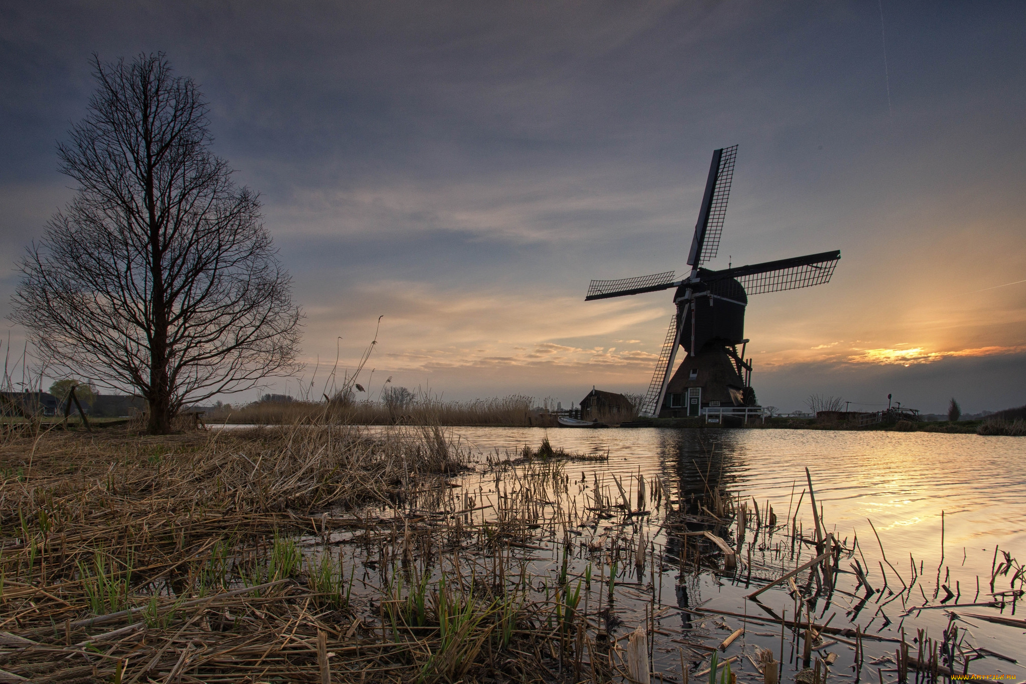 разное, мельницы, закат, река, мельница, вечер