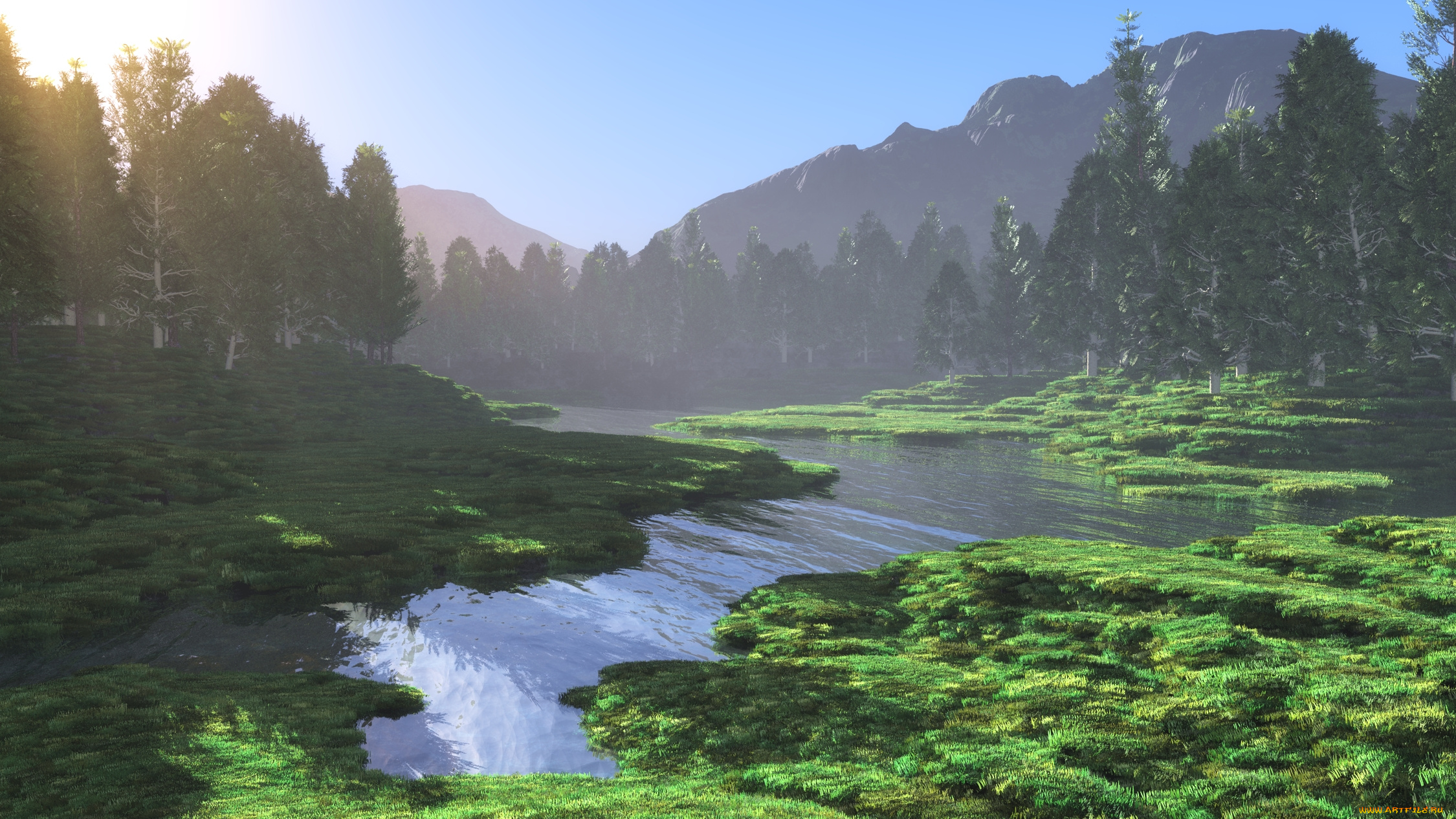 3д, графика, nature, landscape, , природа, река, горы, лес