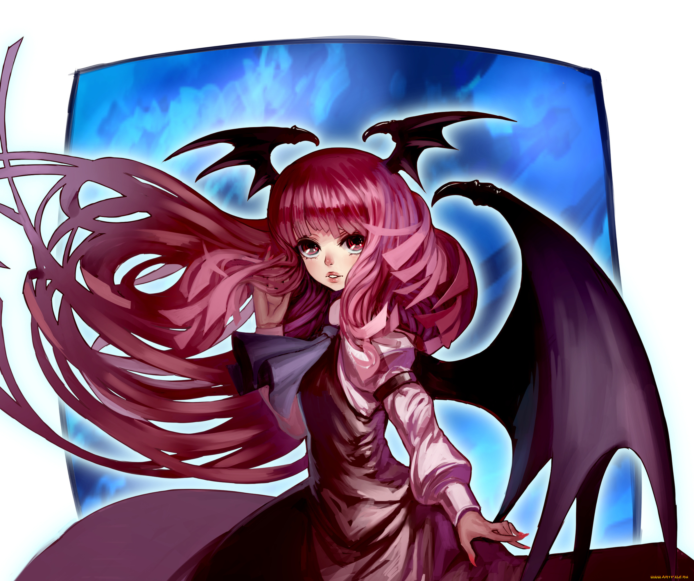 аниме, touhou, девушка, koakuma, kei, t, sr, арт, рога, крылья