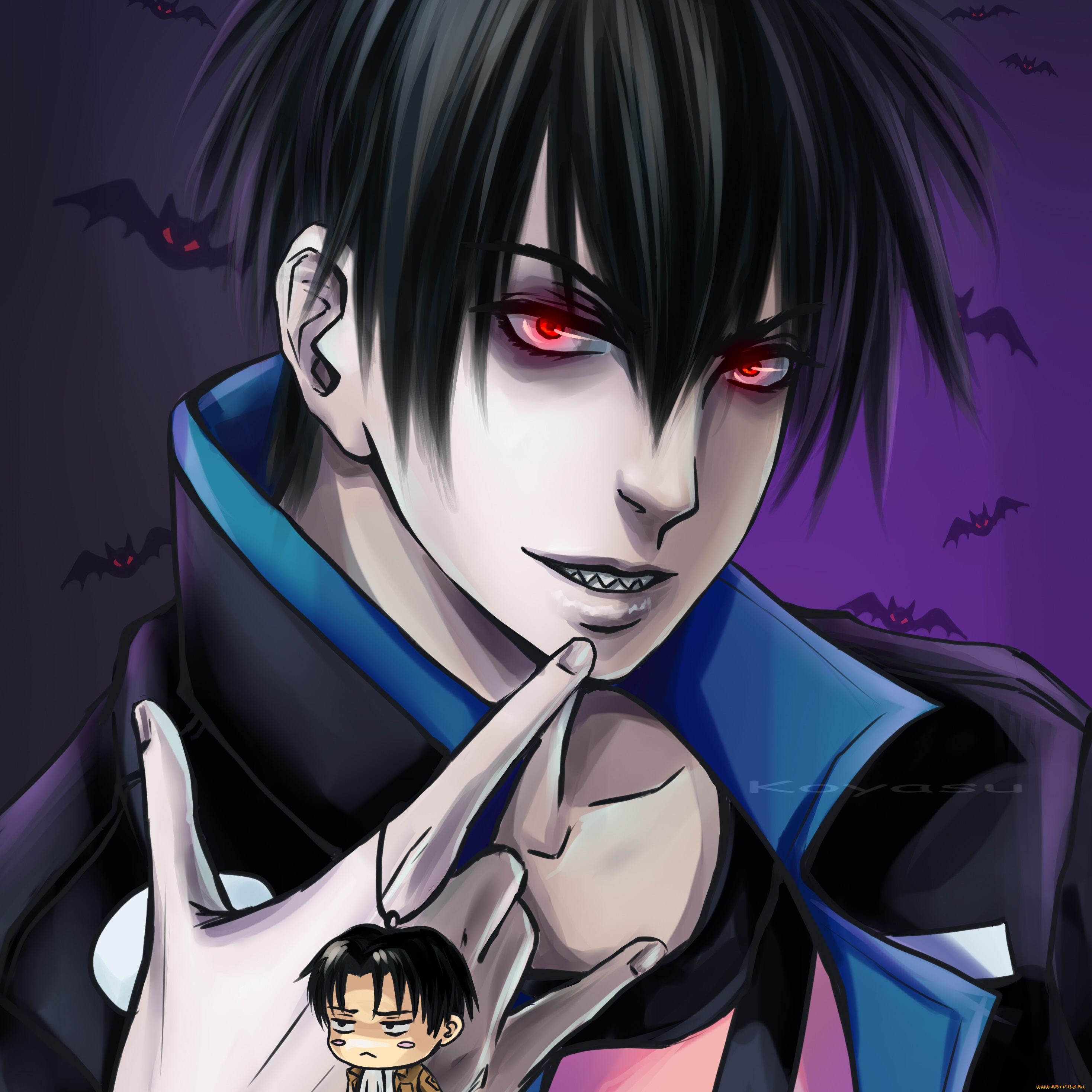 аниме, blood, lad, парень, взгляд, улыбка, арт, летучие, мыши, брюнет, красные, глаза