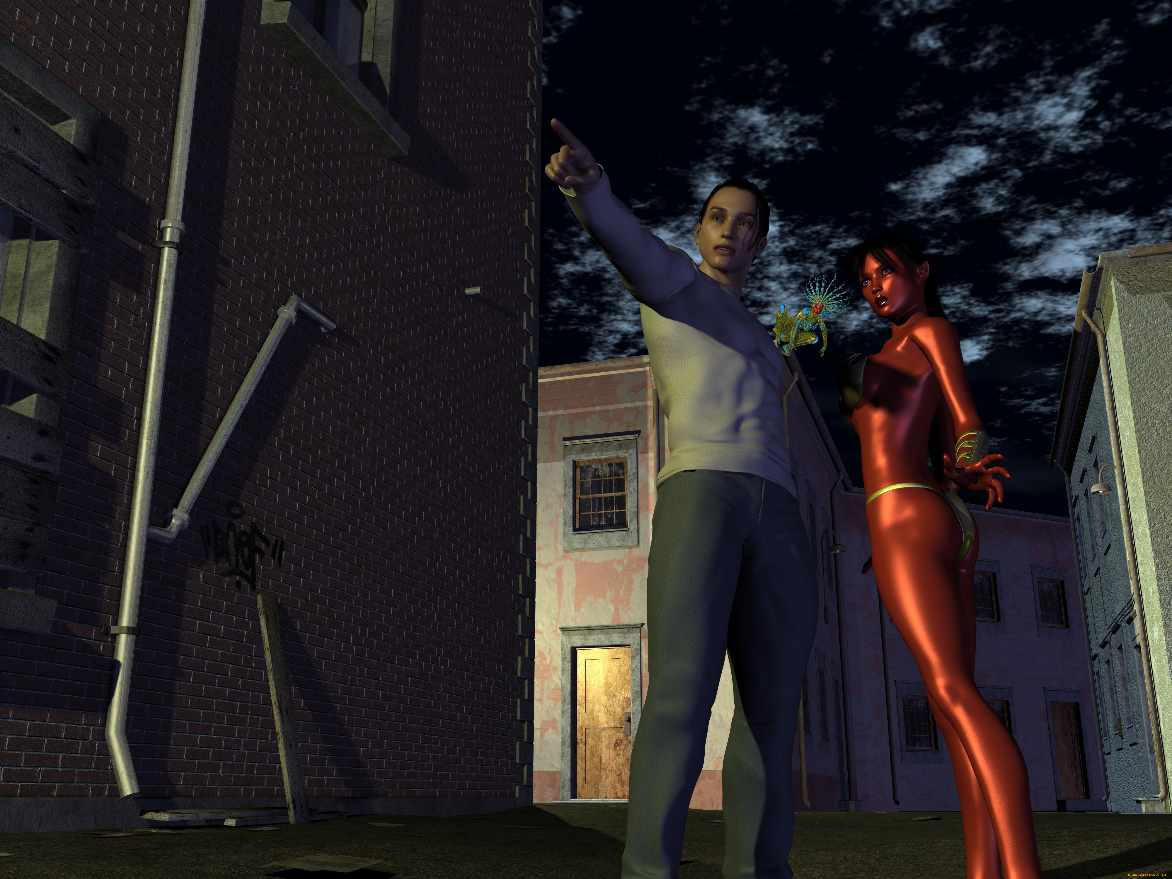 3д, графика, fantasy, , фантазия, девушка, парень, улица, ночь