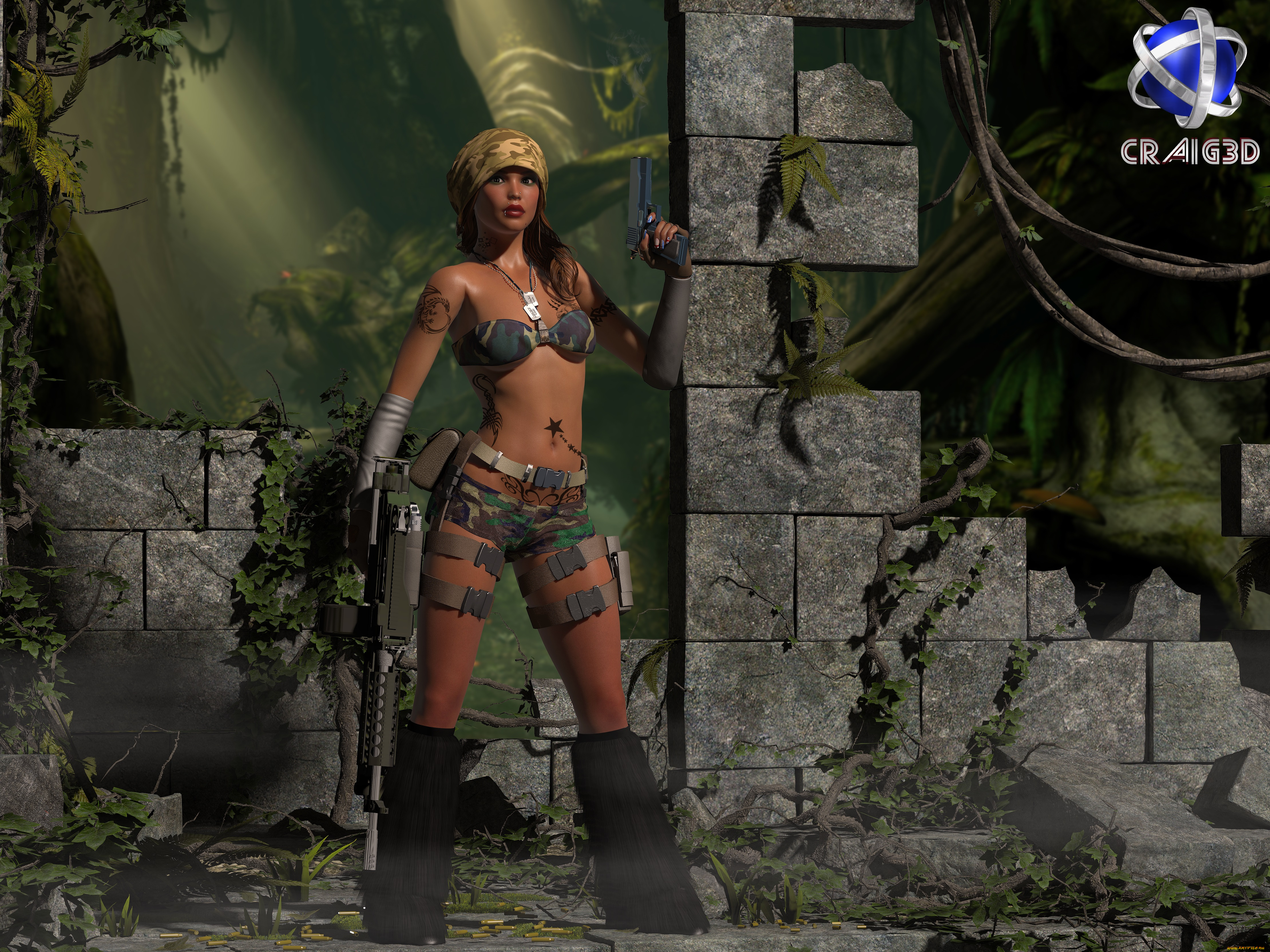 3д, графика, fantasy, , фантазия, девушка, оружие, руины