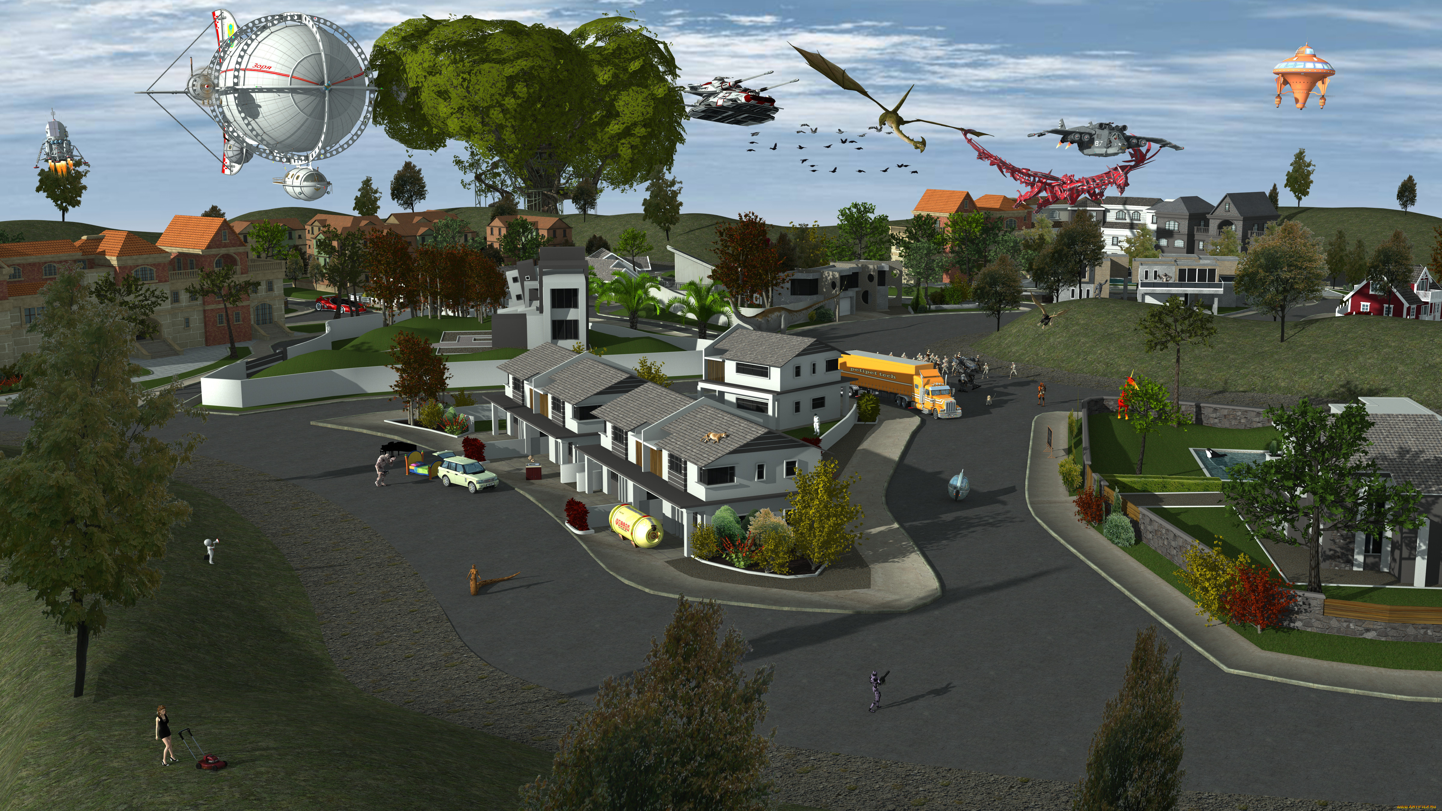 3д, графика, fantasy, , фантазия, улица, дома