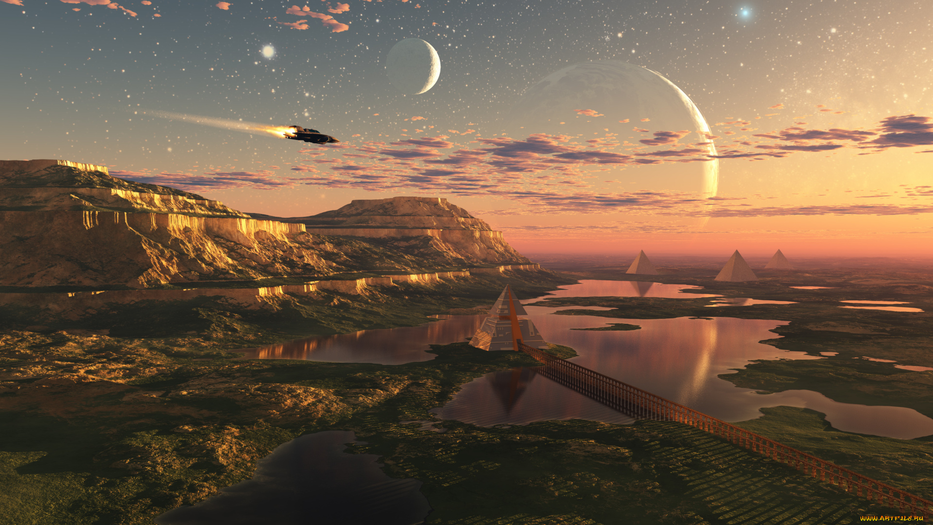 3д, графика, фантазия, , fantasy, горы, небо, пирамиды, озера, планеты