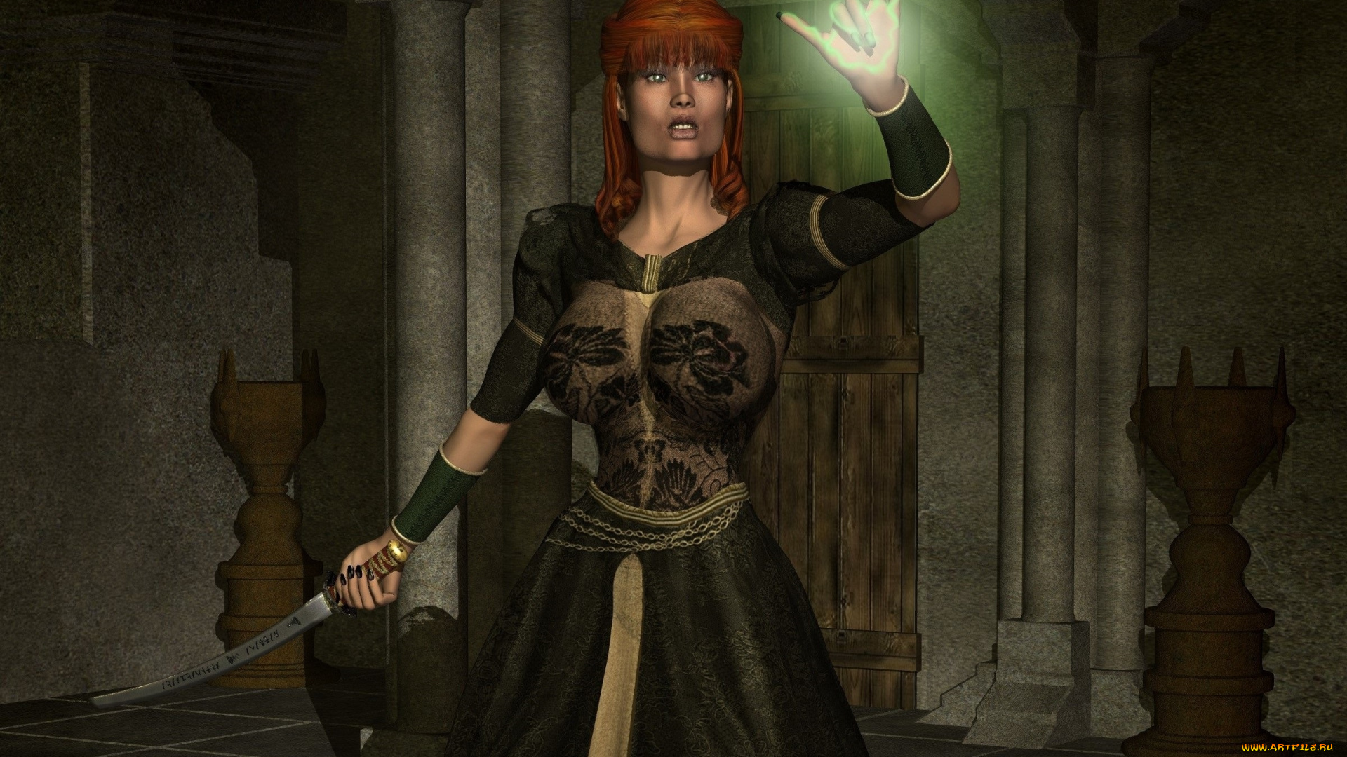 3д, графика, фантазия, , fantasy, магия, катана, рыжая, фон, взгляд, девушка