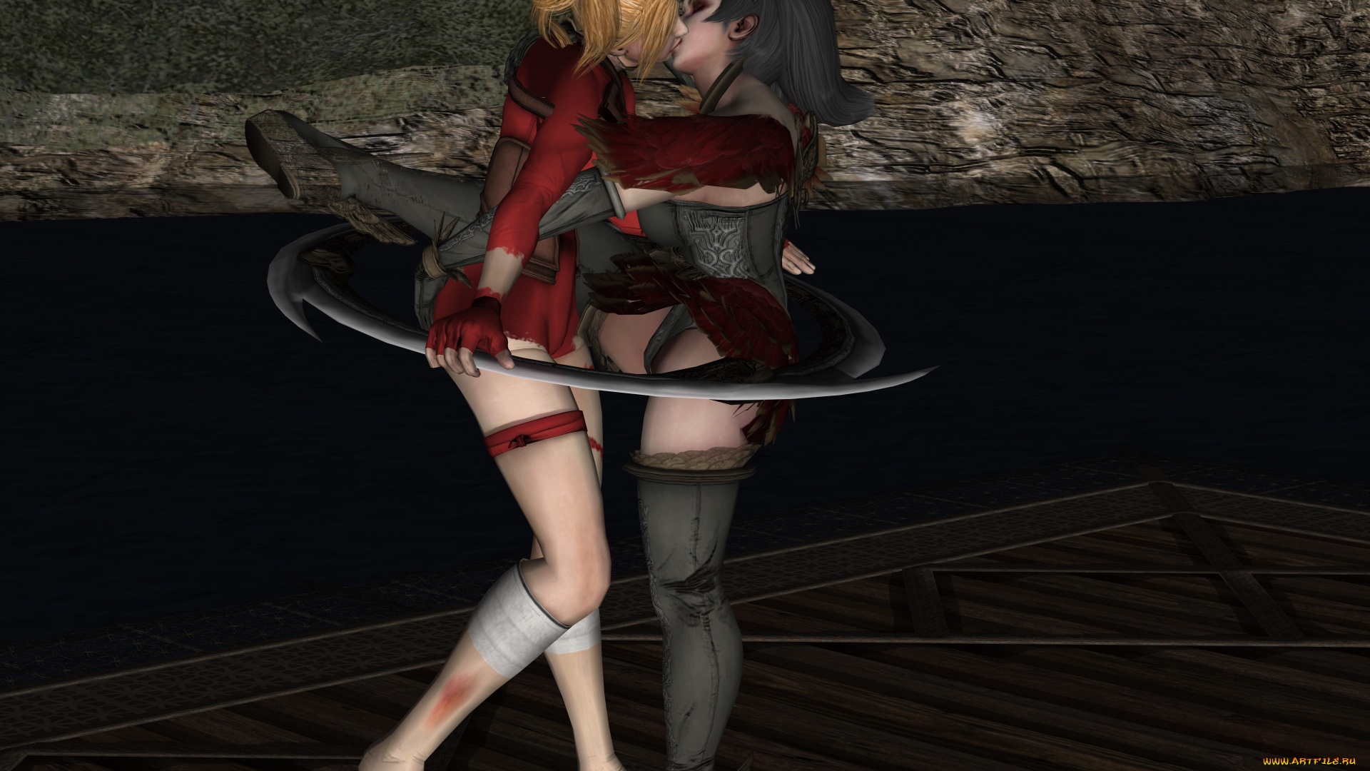 3д, графика, фантазия, , fantasy, взгляд, поцелуй, фон, девушки