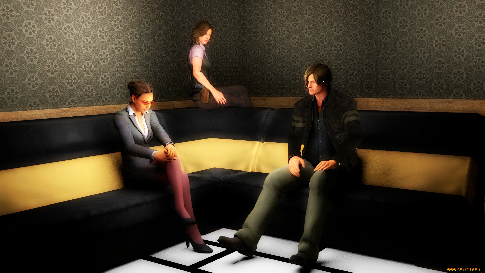 3д, графика, люди, , people, девушки, взгляд, фон, мужчина, скамейки