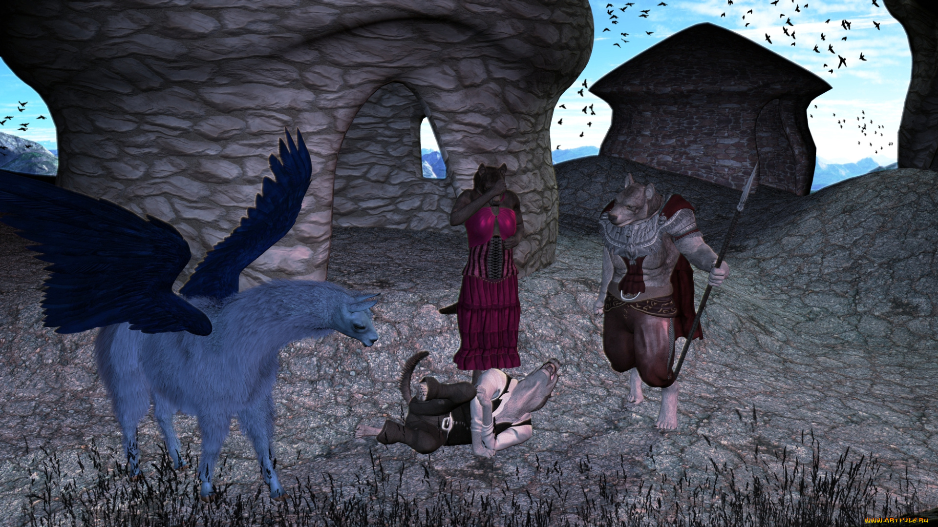 3д, графика, существа, , creatures, ангел, крепость, лама, волки