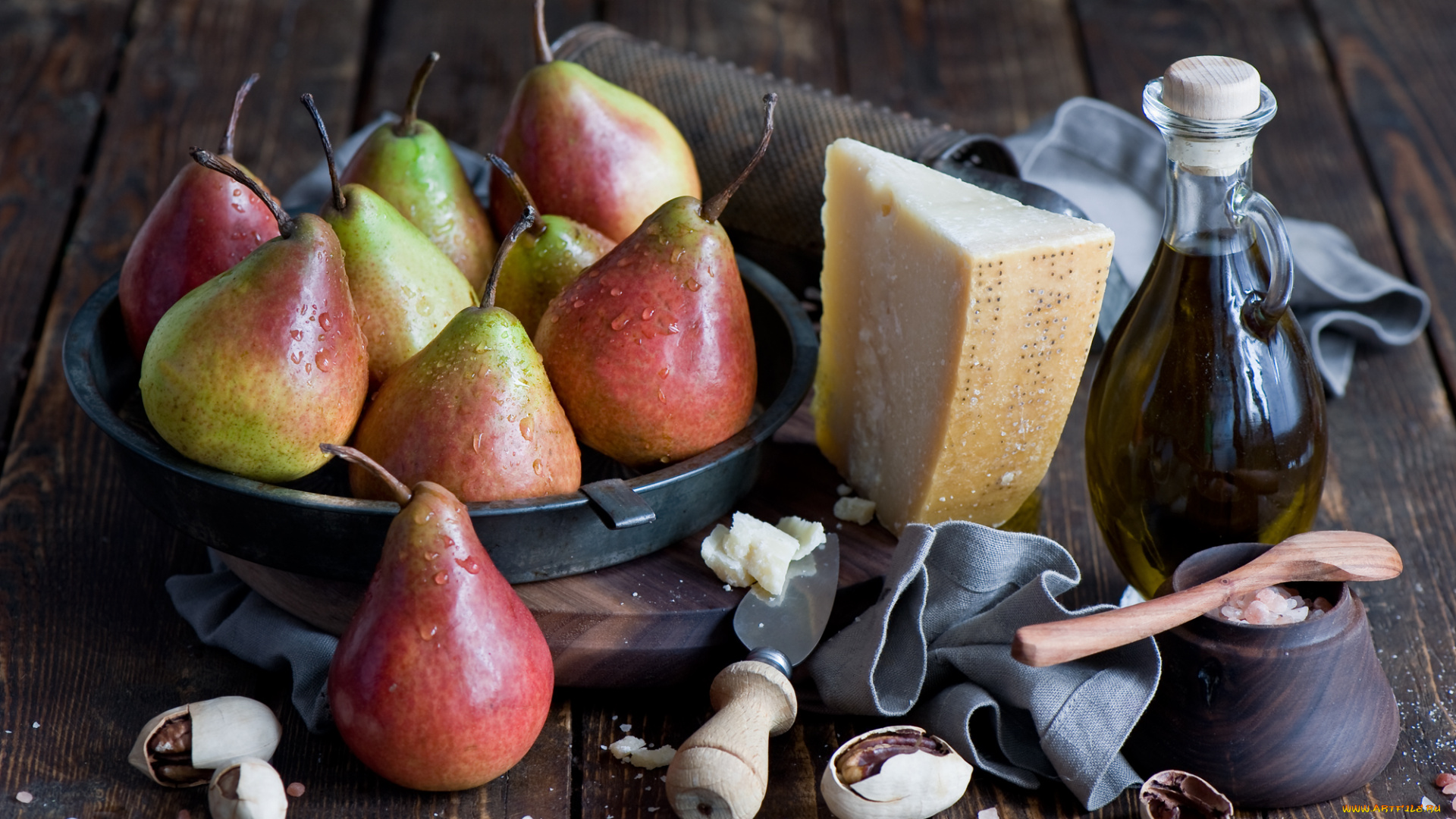 еда, натюрморт, масло, сыр, груши