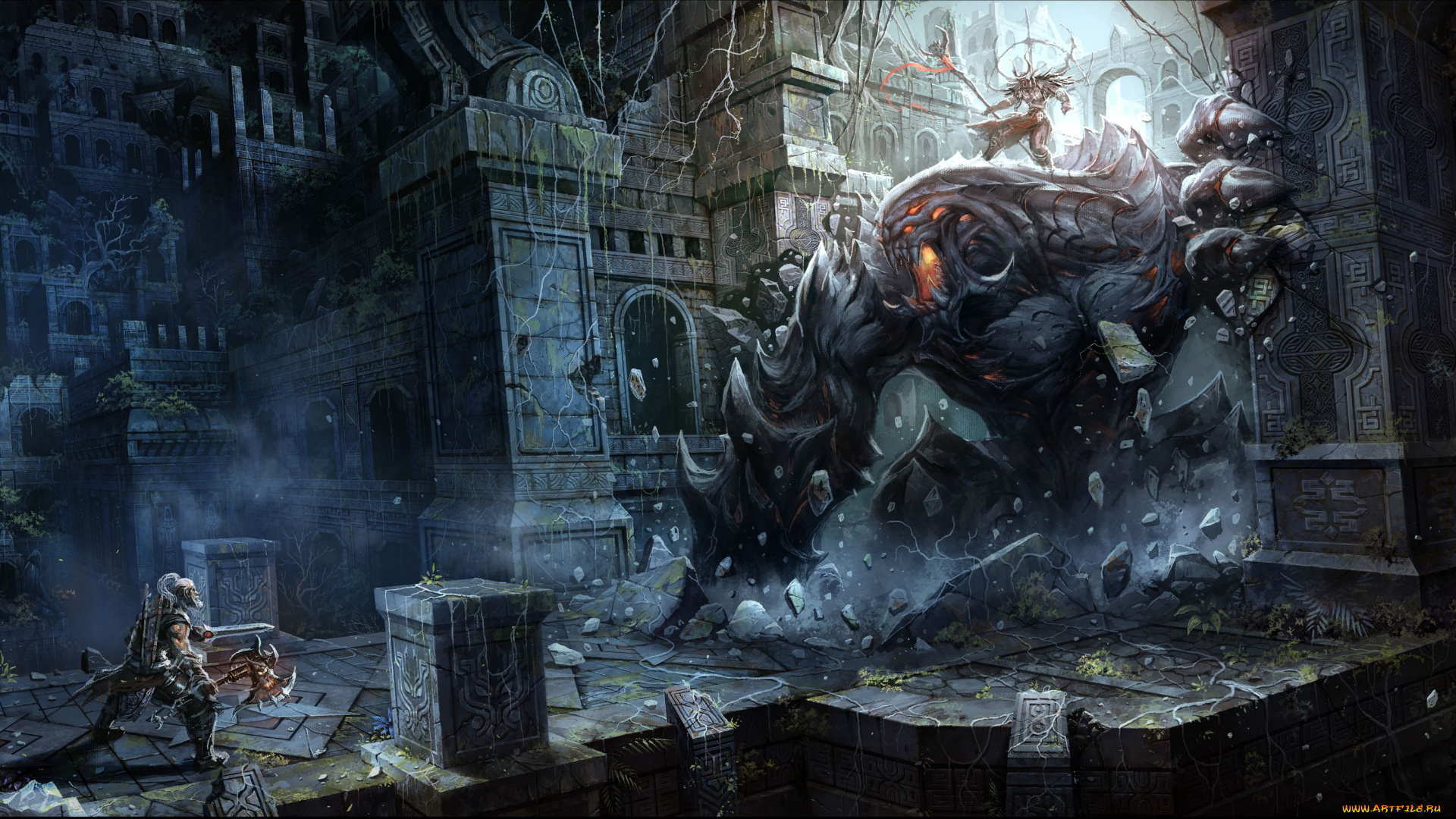 фэнтези, существа, развалины, город, фантастика, руины, люди, монстр