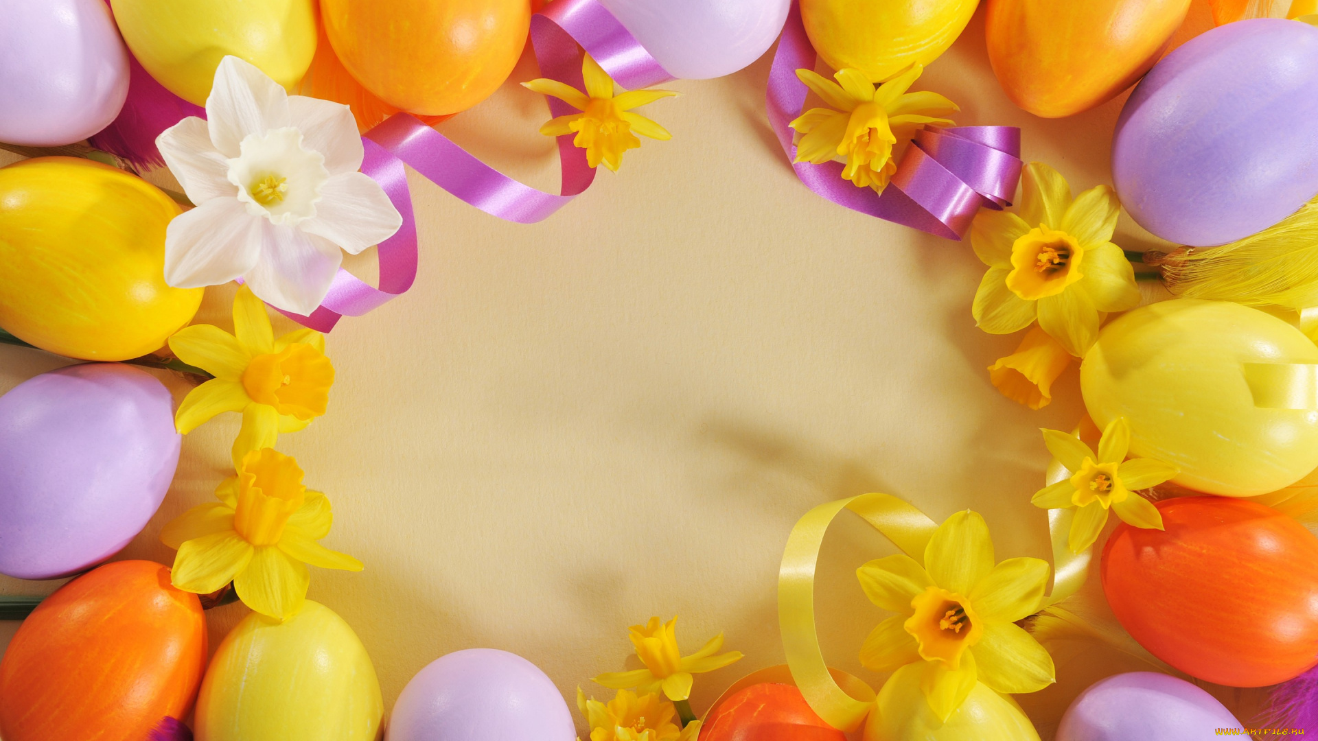 праздничные, пасха, яйца, цветы, нарциссы, eggs, easter, лента, spring, flowers