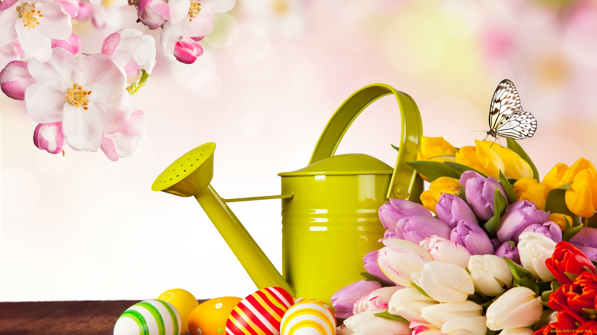 праздничные, пасха, яйца, тюльпаны, бабочка, яблоня, лейка, крашенки