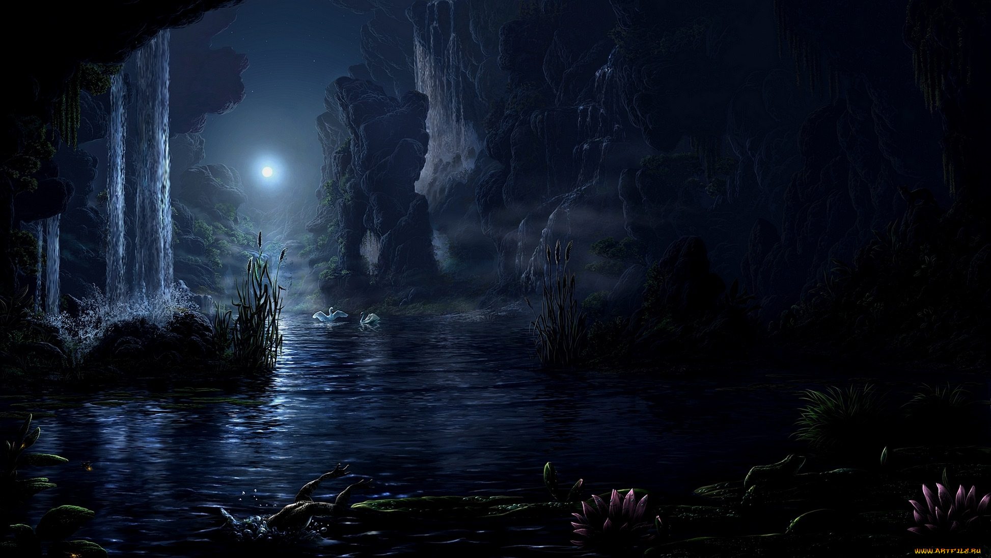 рисованное, природа, лебеди, луна, ночь, пейзаж, горы, водопады