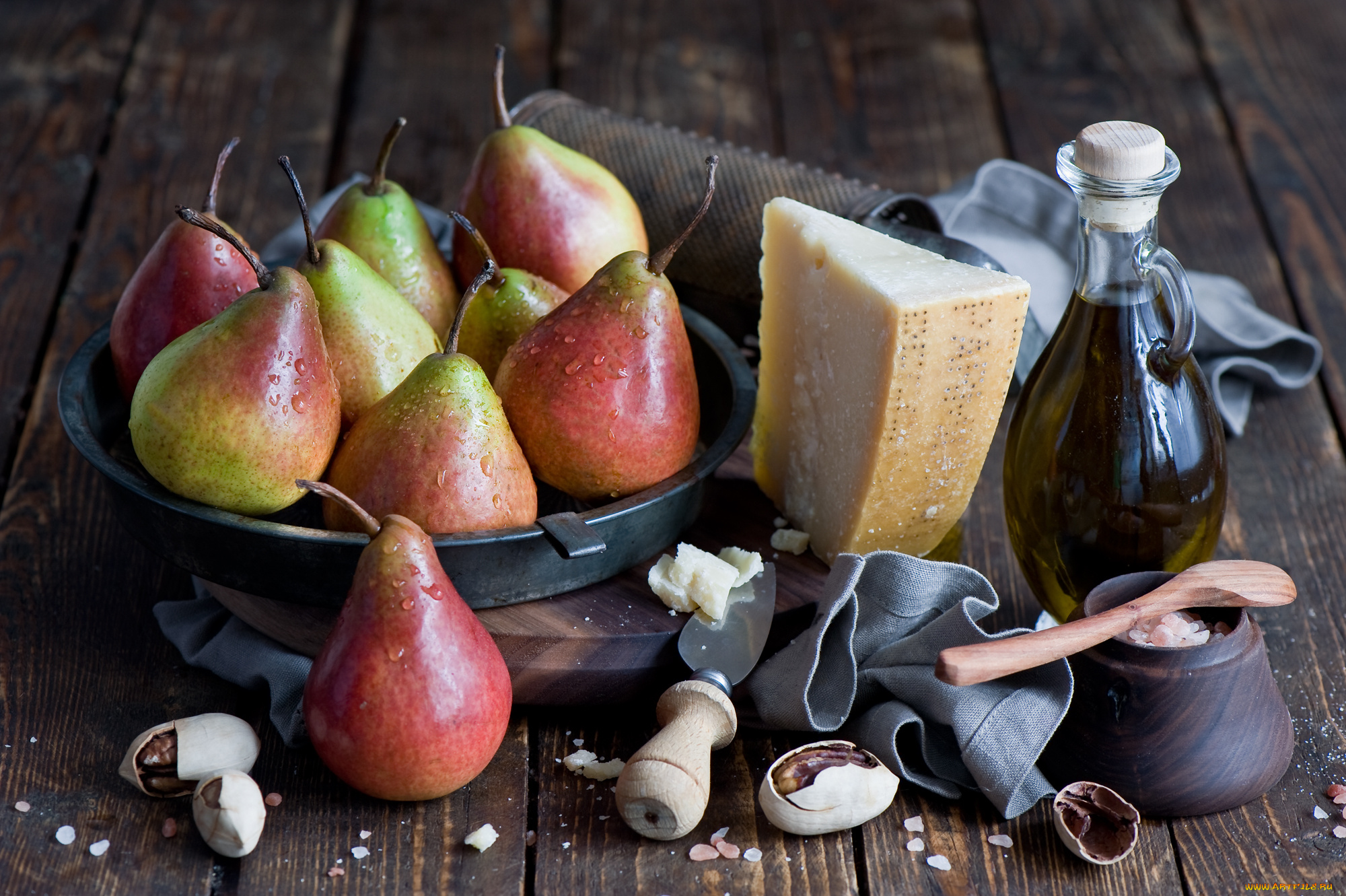 еда, натюрморт, масло, сыр, груши