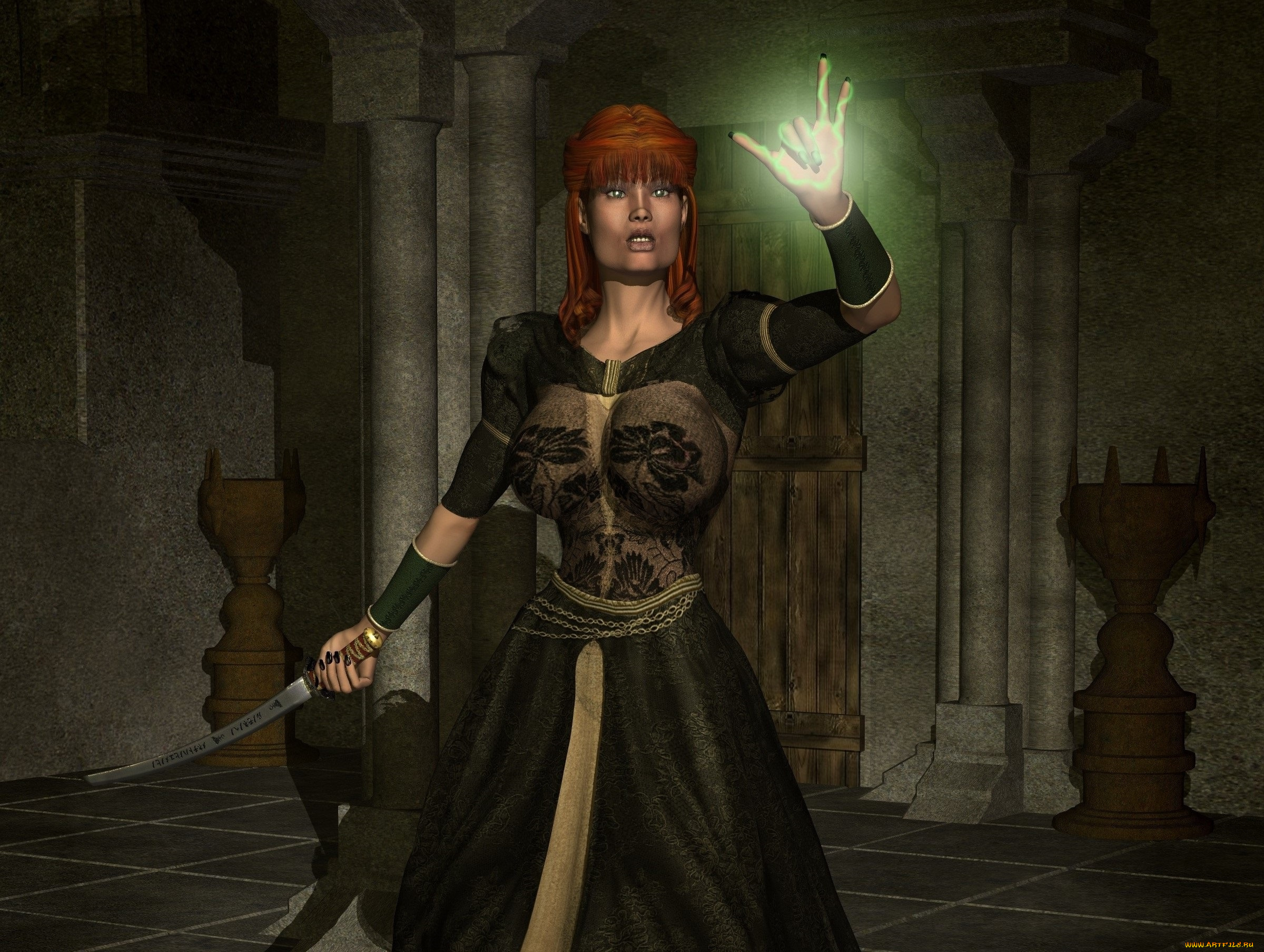 3д, графика, фантазия, , fantasy, магия, катана, рыжая, фон, взгляд, девушка