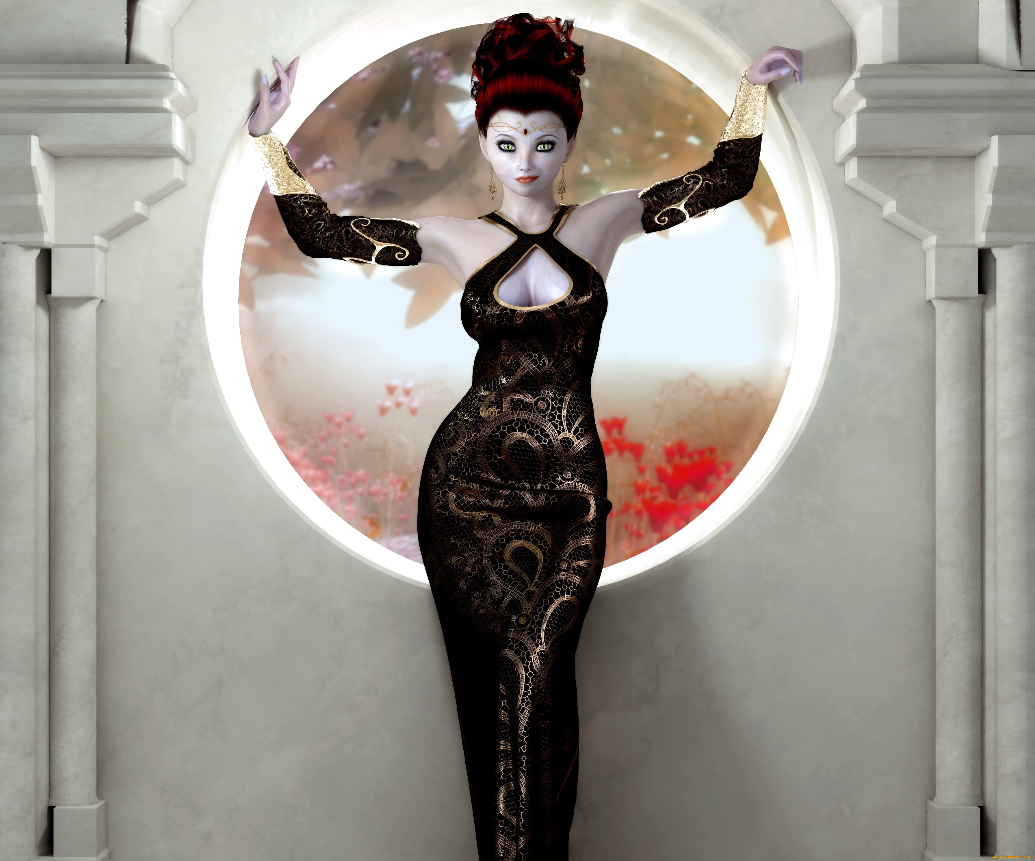 3д, графика, люди, , people, окно, рыжая, фон, взгляд, девушка