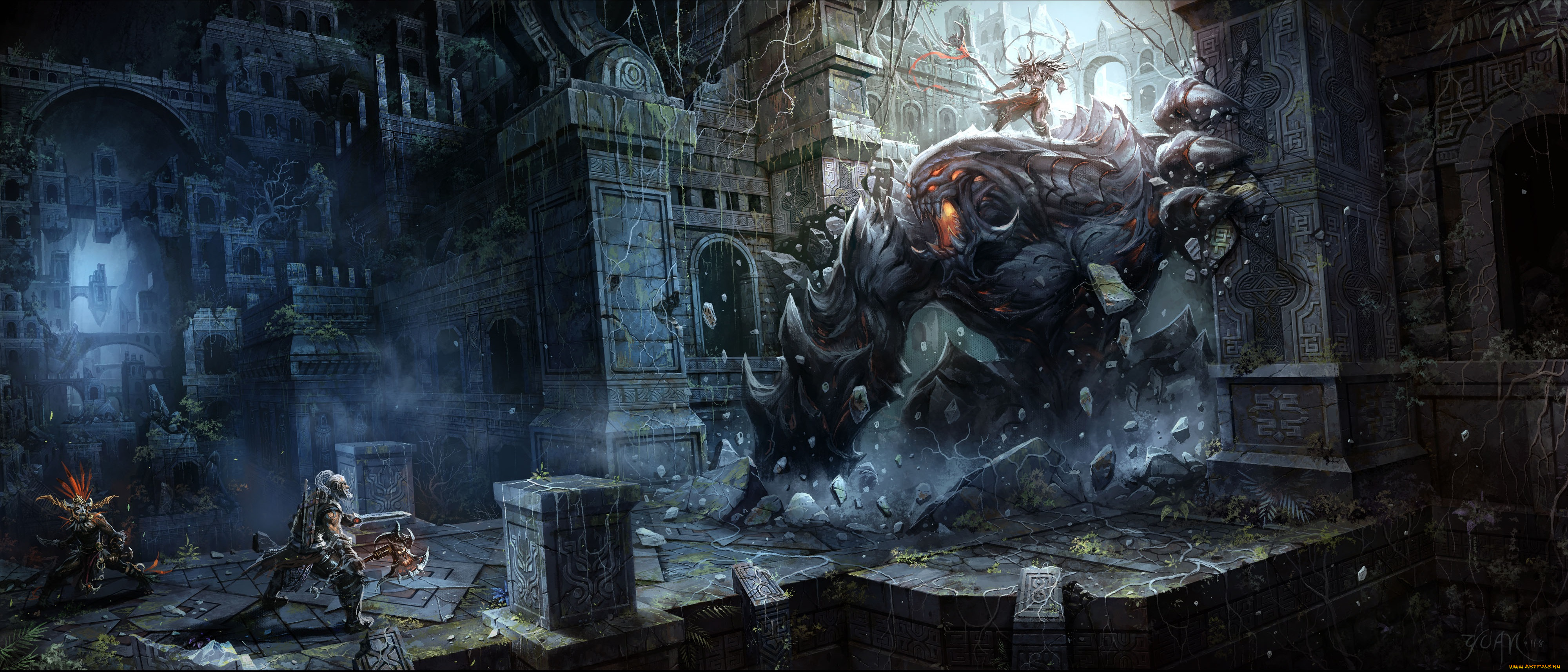 фэнтези, существа, развалины, город, фантастика, руины, люди, монстр