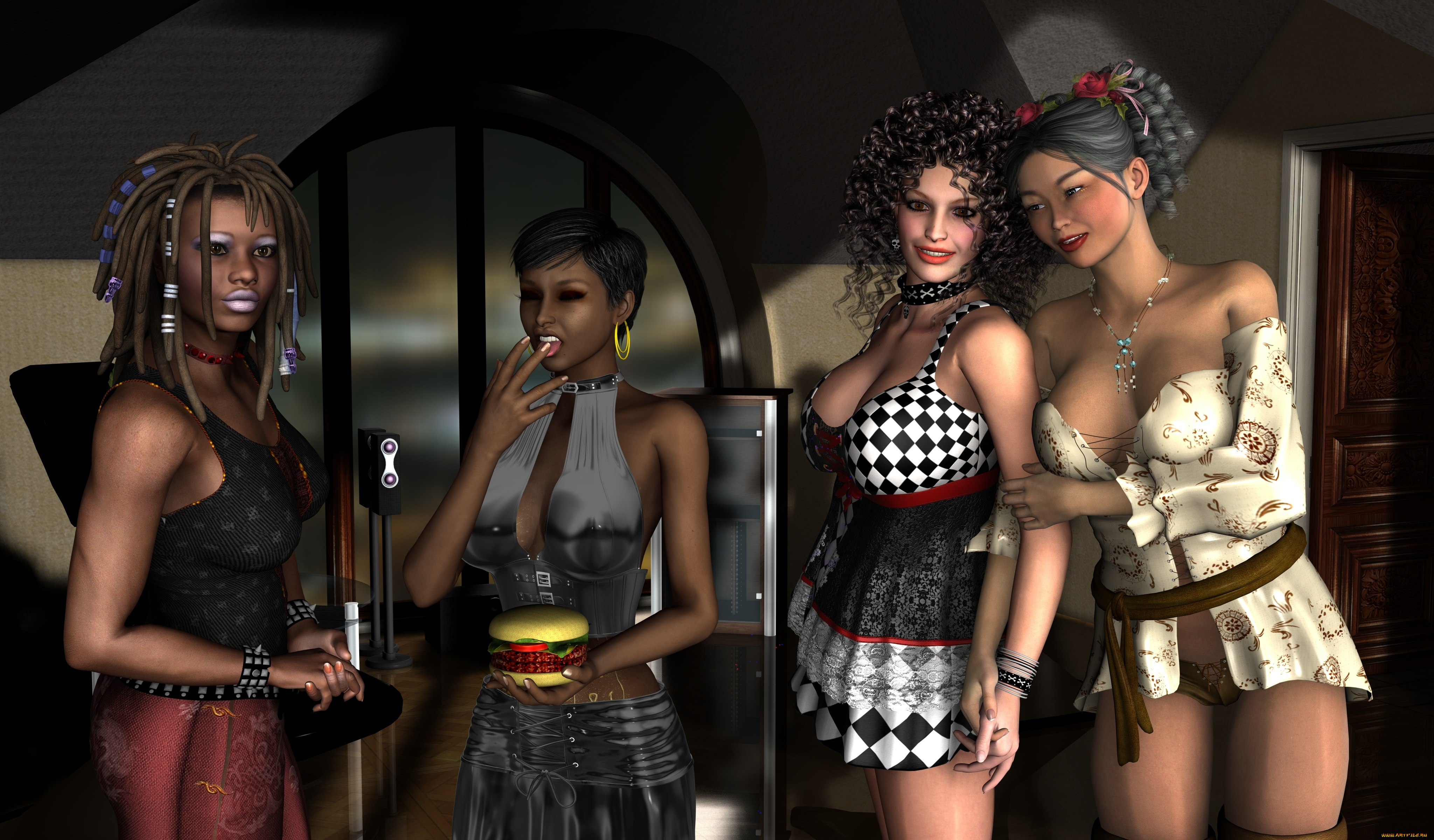 3д, графика, люди, , people, взгляд, девушки, улыбки, фон