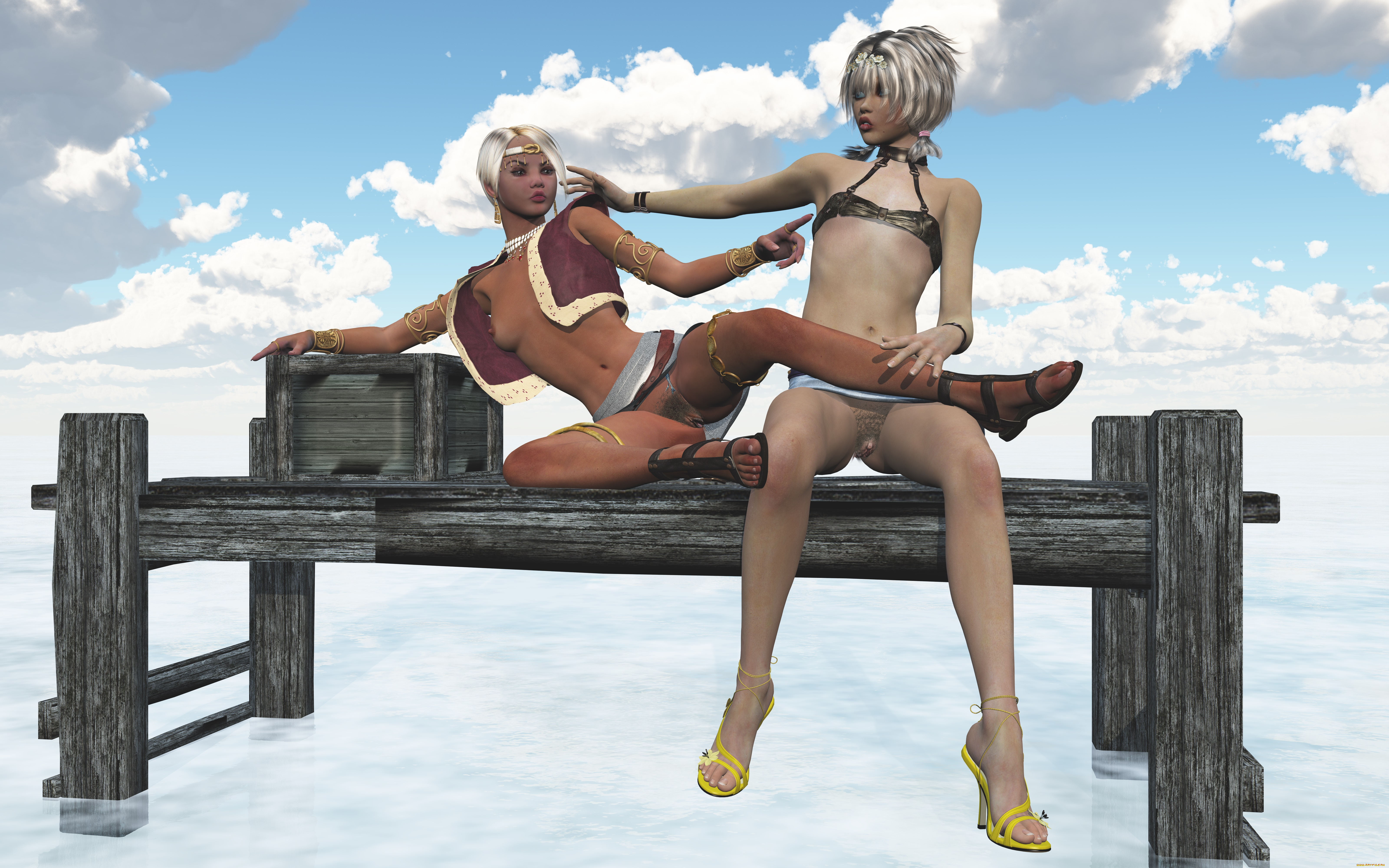 3д, графика, люди, , people, небо, вода, фон, взгляд, девушки