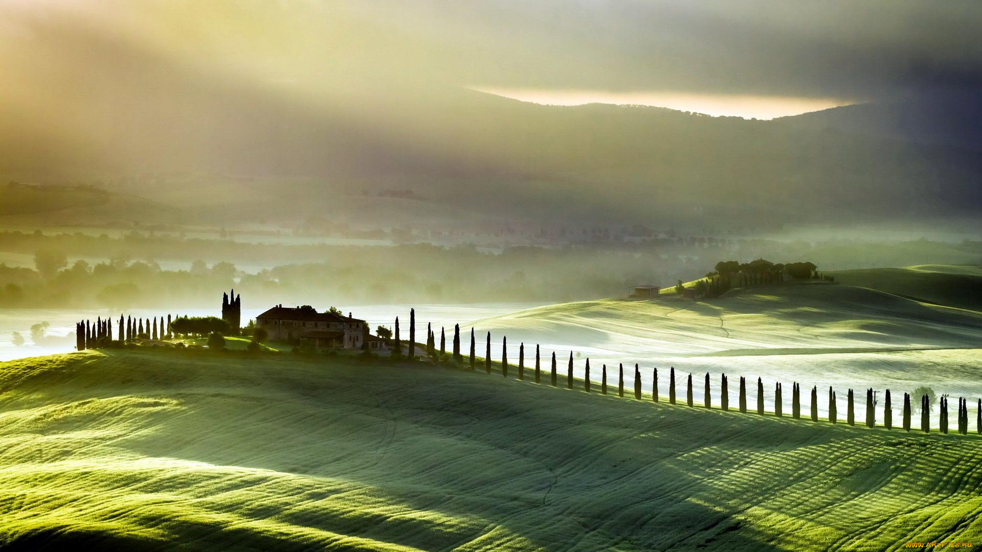 города, -, пейзажи, тоскана, италия, дом, деревья, поля, холмы, горы, тучи, лучи, туман