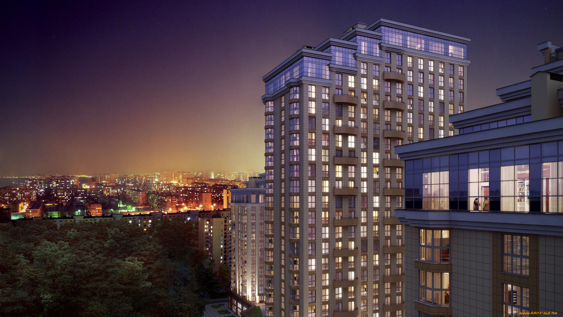 города, -, здания, , дома, вечер, россия, большой, высота, огни, ночь, люди, жк, край, краснодар, краснодарский, город, небоскрёб, здания, деревья, дома