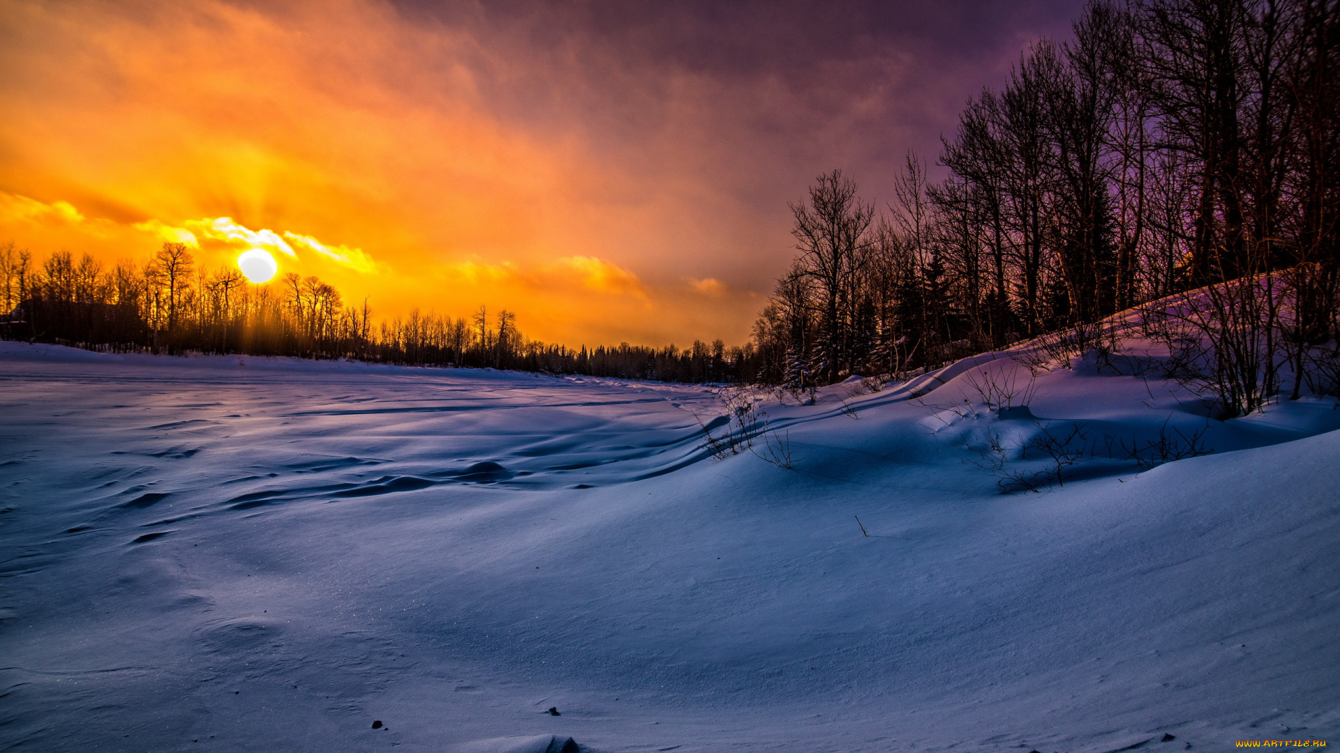 природа, восходы, закаты, закат, снег, зима