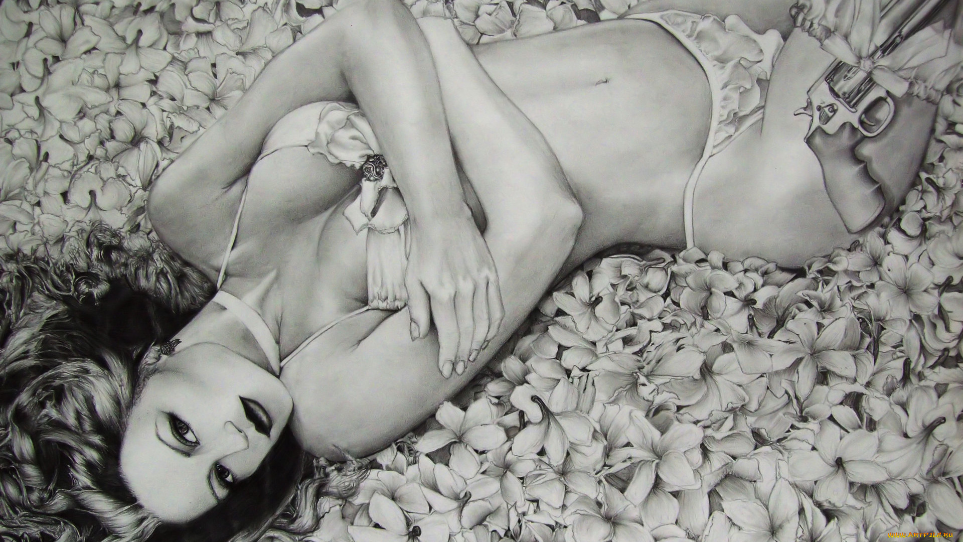 рисованное, люди, цветы, лилии, девушка