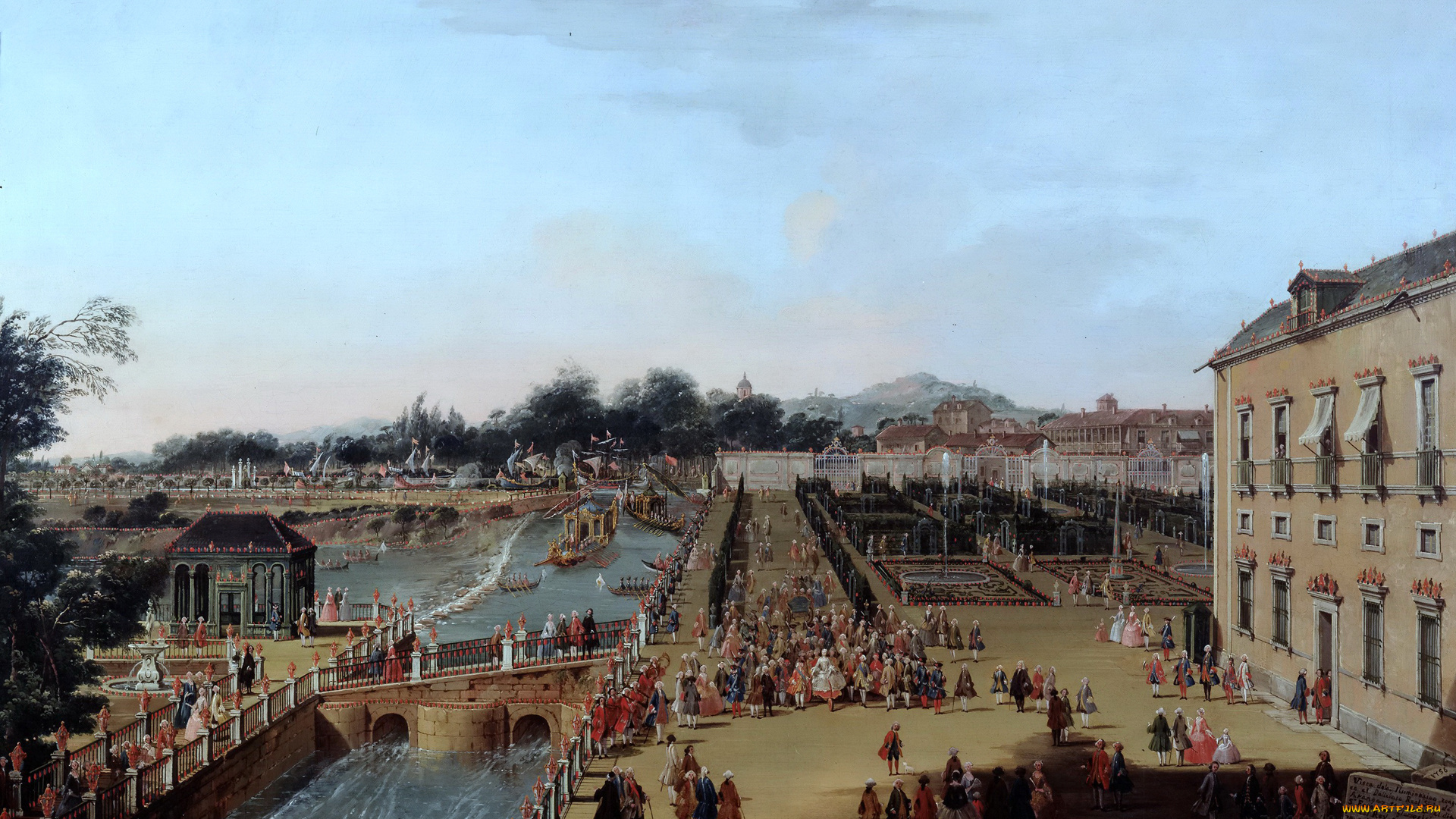 рисованное, живопись, francesco, battaglioli, фердинанд, vi, и, барбара, де, браганса, в, садах, аранхуэс, картина, пейзаж, люди, канал, мост