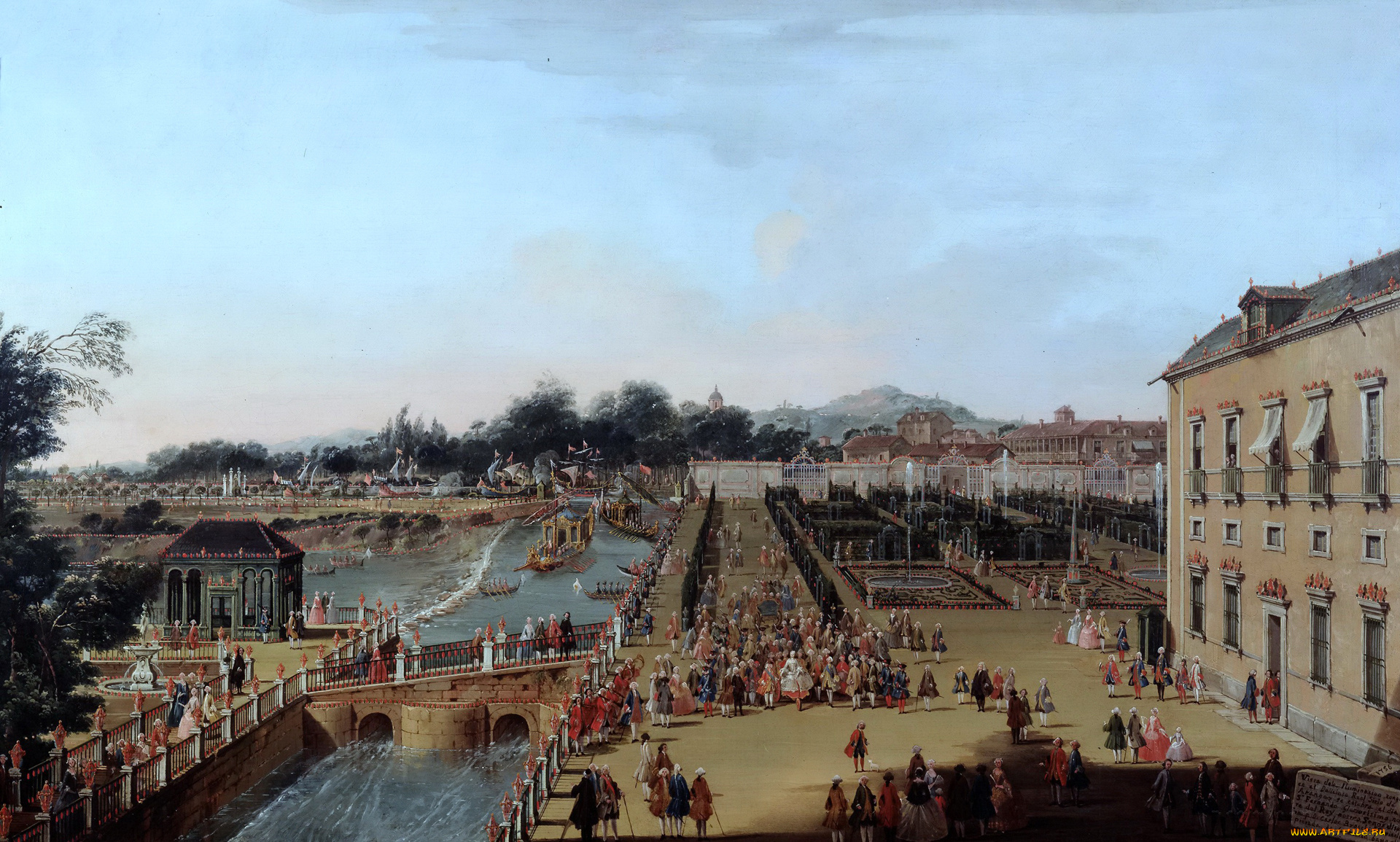 рисованное, живопись, francesco, battaglioli, фердинанд, vi, и, барбара, де, браганса, в, садах, аранхуэс, картина, пейзаж, люди, канал, мост