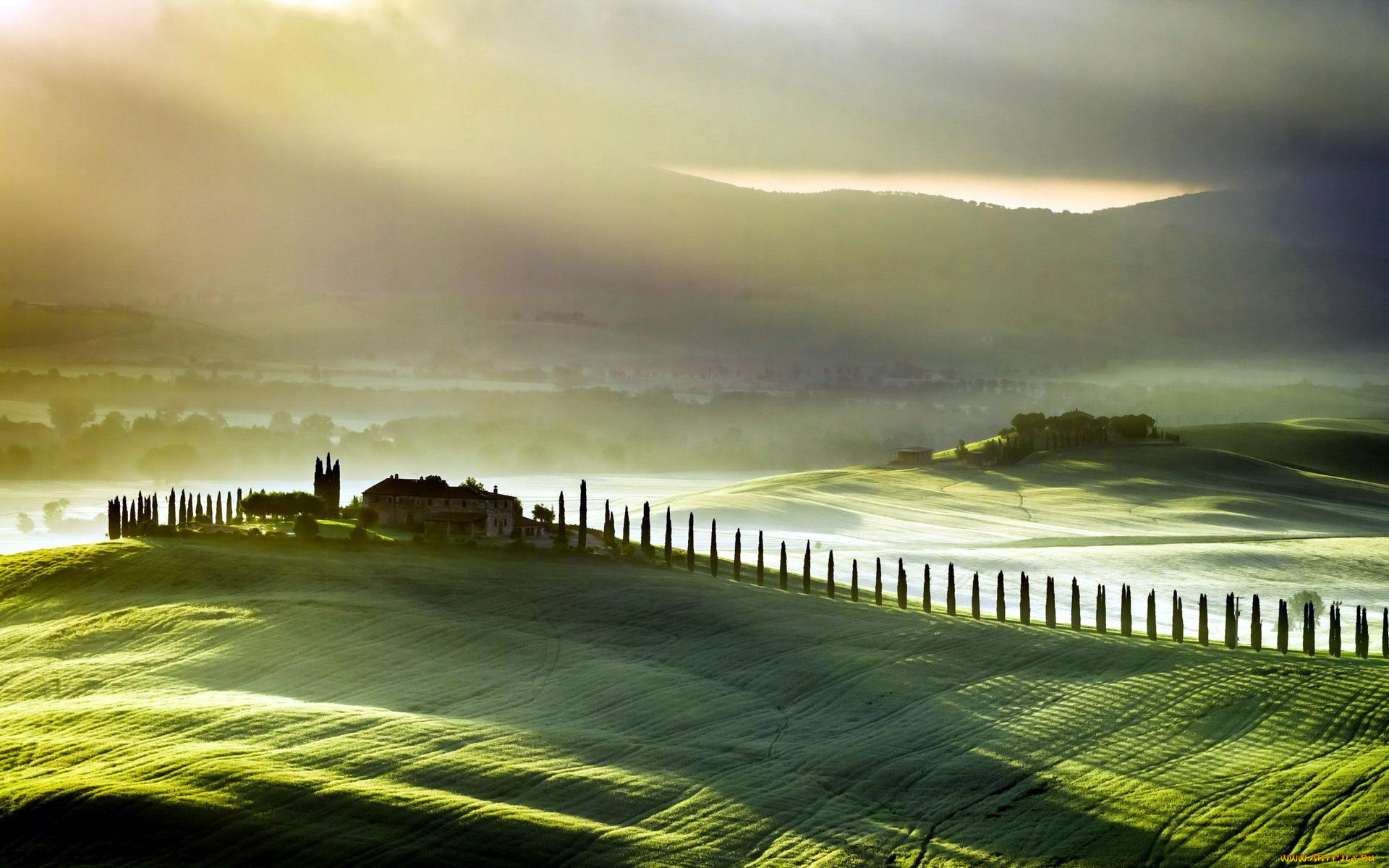города, -, пейзажи, тоскана, италия, дом, деревья, поля, холмы, горы, тучи, лучи, туман
