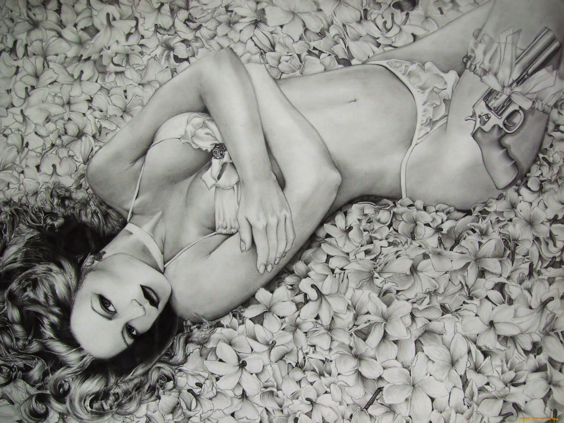 рисованное, люди, цветы, лилии, девушка