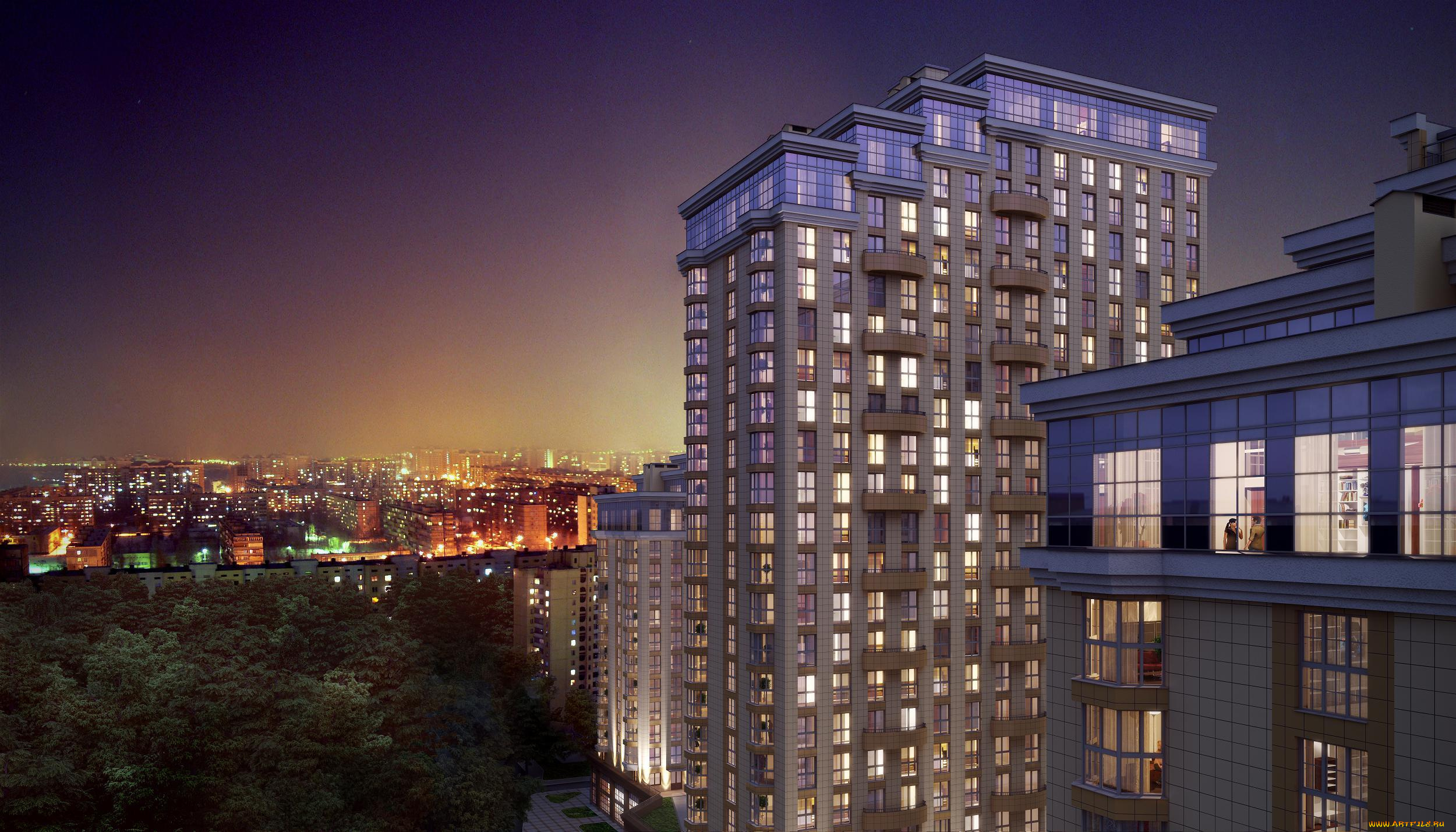города, -, здания, , дома, вечер, россия, большой, высота, огни, ночь, люди, жк, край, краснодар, краснодарский, город, небоскрёб, здания, деревья, дома