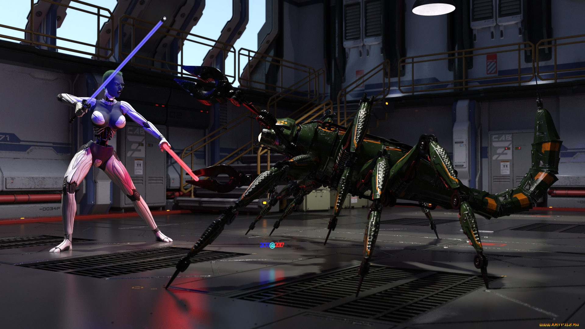 3д, графика, фантазия, , fantasy, девушка, взгляд, скорпион, оружие, фон