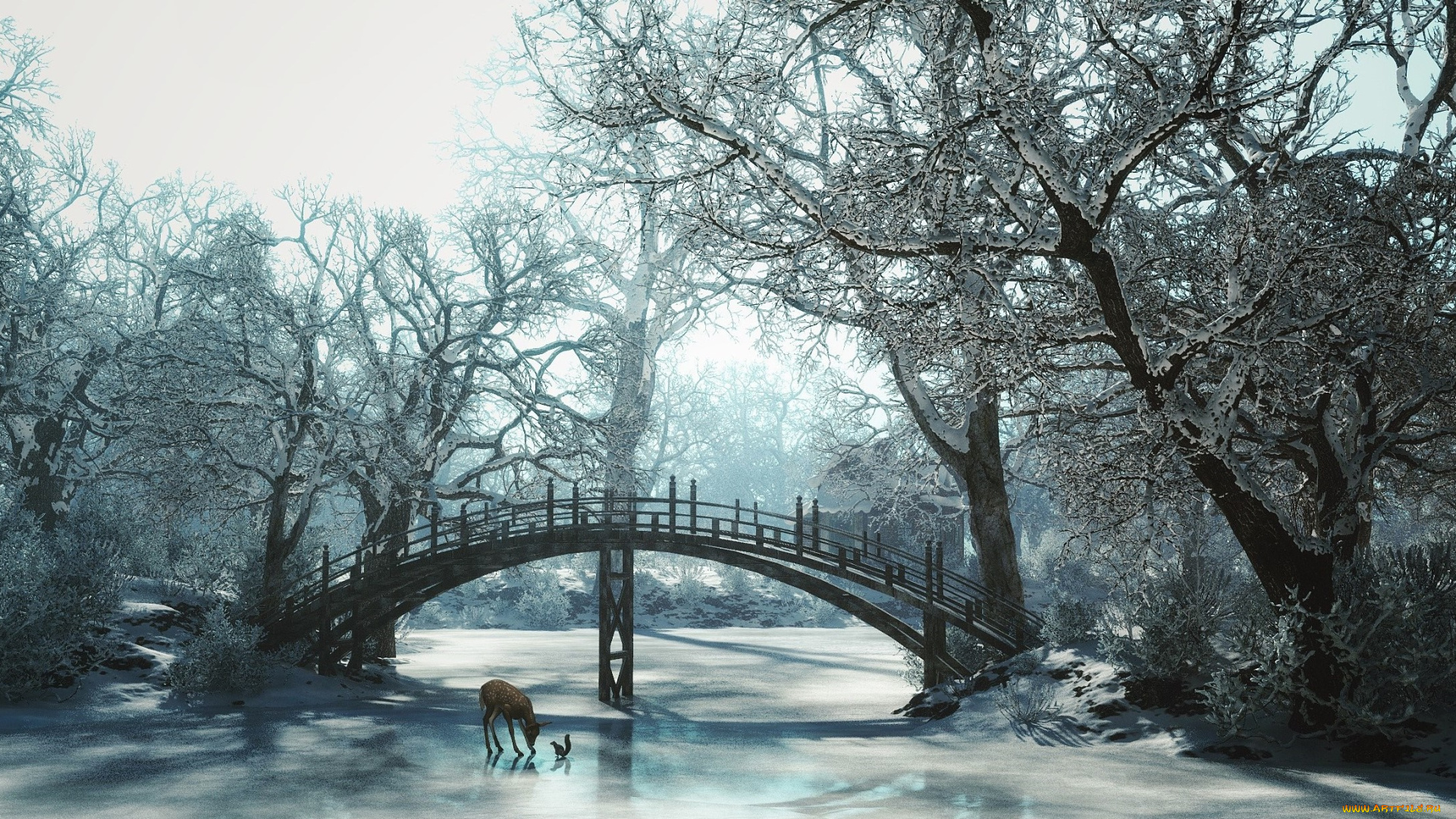 3д, графика, природа, , nature, мост, река, лед, деревья, олень, белка, зима