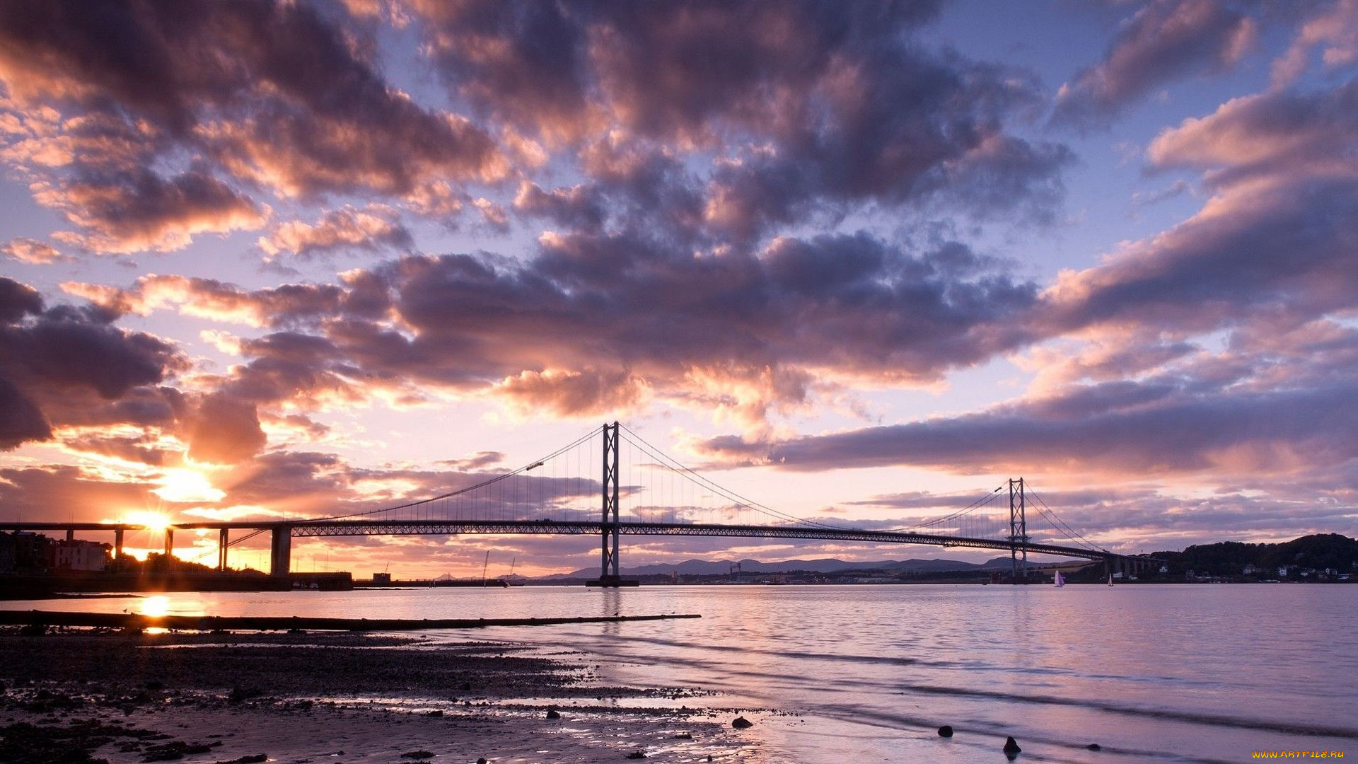 города, -, мосты, облака, река, небо, мост, закат