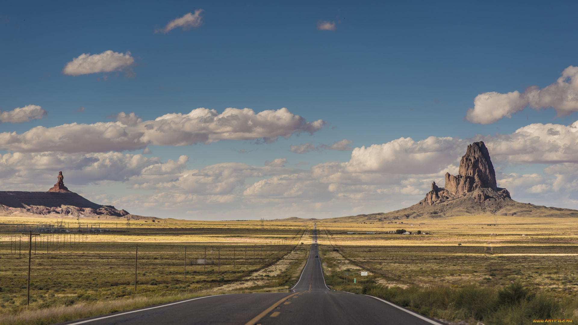 природа, дороги, автомобили, долина, монументов, граница, дорога, юта, аризона, соединенные, штаты, линии, электропередачи, небо, облака