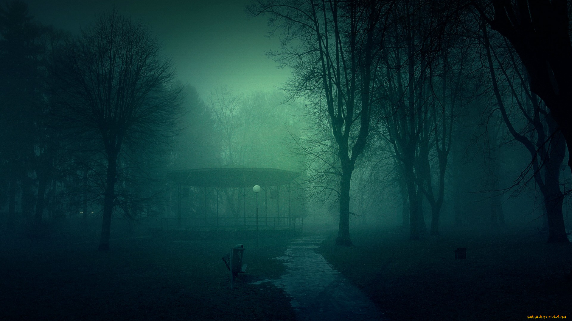 природа, парк, туман, осень, деревья, дорожка, беседка