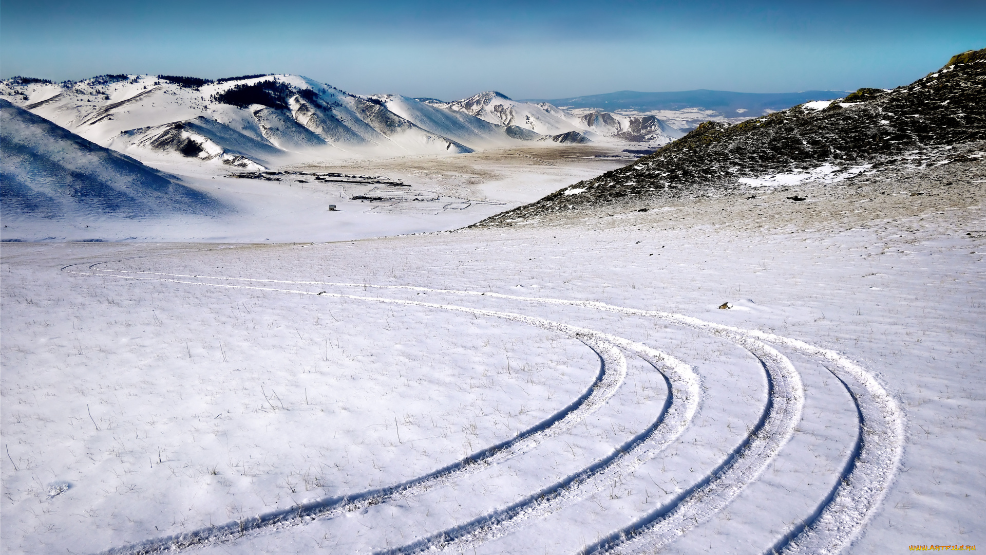 природа, зима, снег, холмы