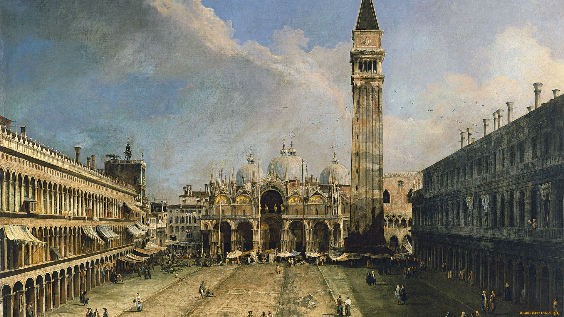рисованное, живопись, городской, пейзаж, джованни, антонио, каналетто, картина, площадь, сан-марко, в, венеции, кампанила