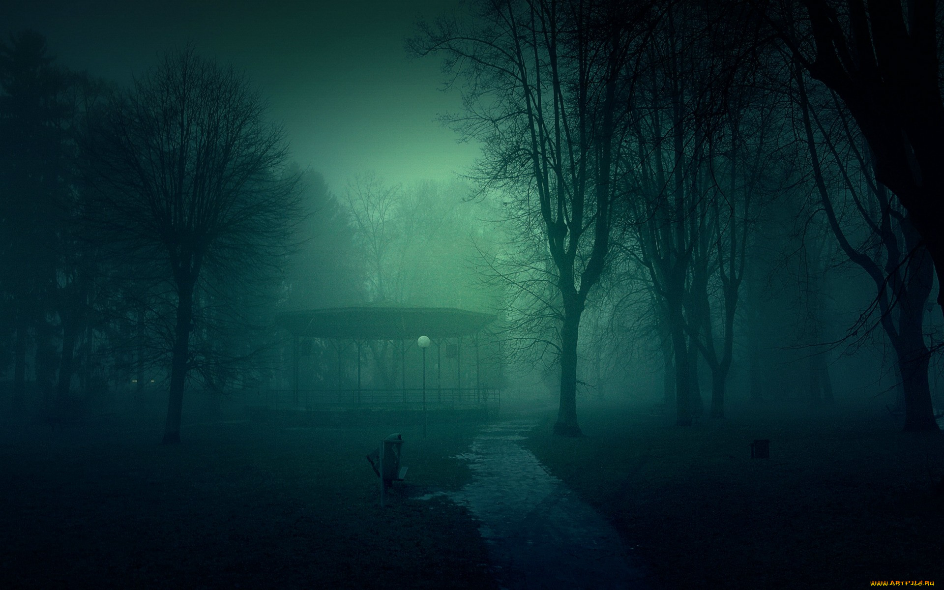 природа, парк, туман, осень, деревья, дорожка, беседка