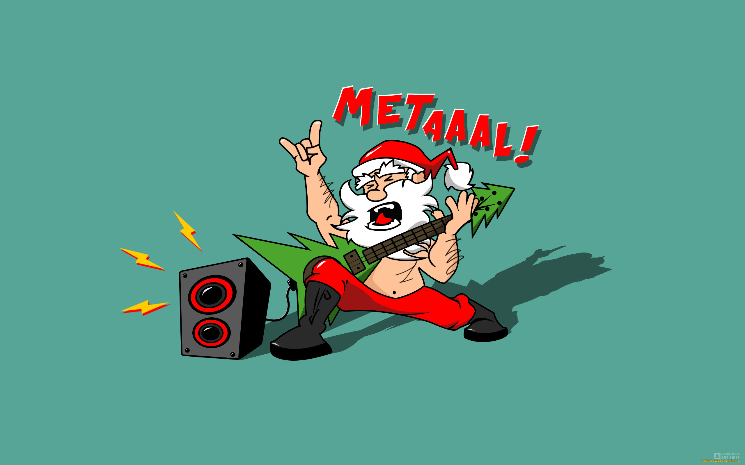 рисованное, минимализм, жест, санта, santa, claus, новый, год, музыка, волосы, рок, юмор, струны, метал, звук, design, art, shift, дизайн, борода, гитара, колонка, надпись, metal, дед, мороз, смешно, тень, динамик, елка