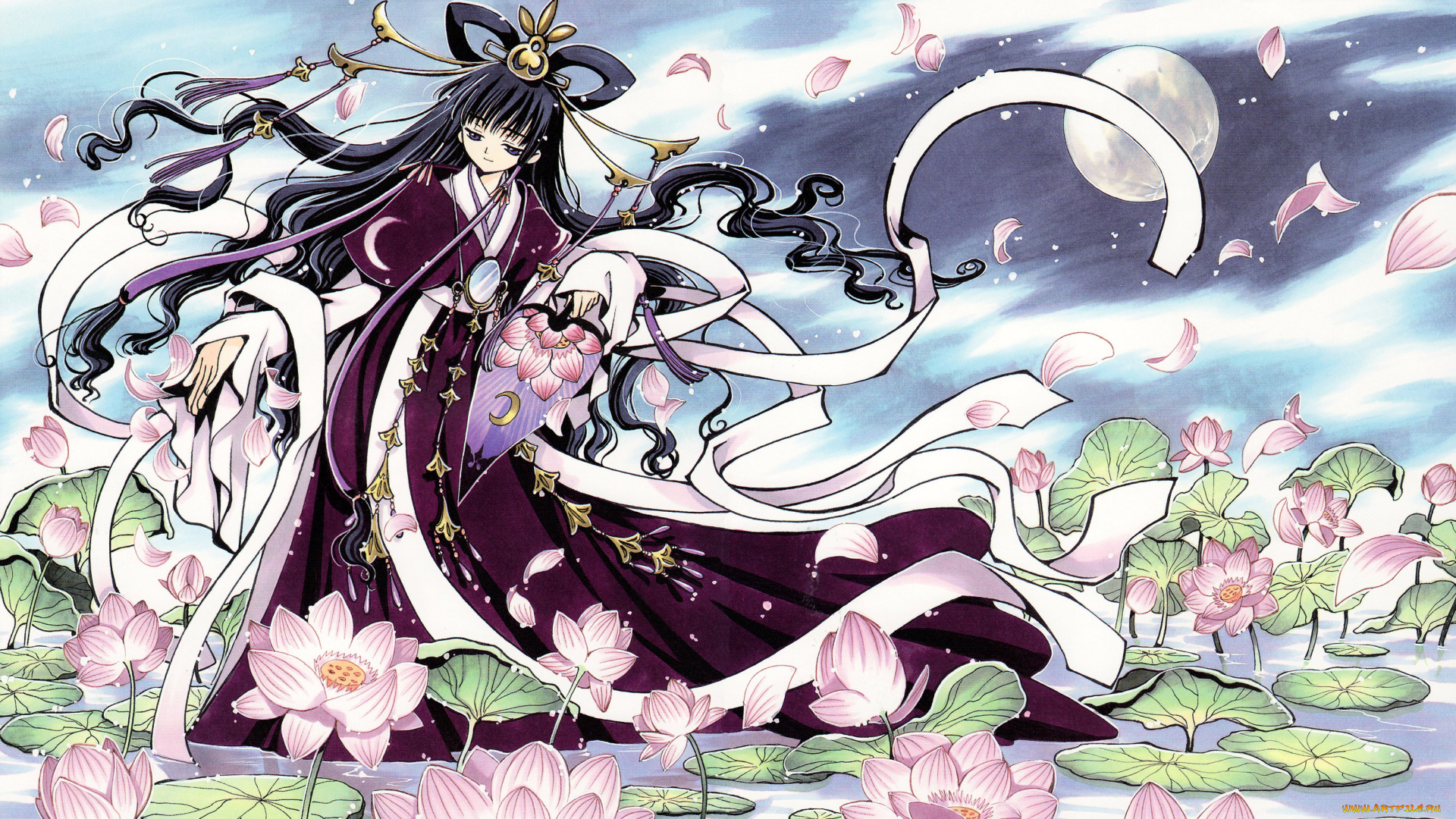 аниме, tsubasa, reservoir, chronicles, лотосы, кимоно, ленты, девушка